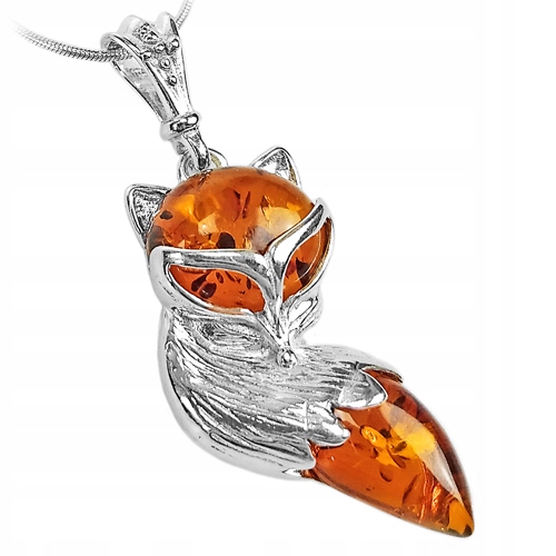 Stříbrný Přívěsek liška liška s přírodním Jantarem ze stříbra 925