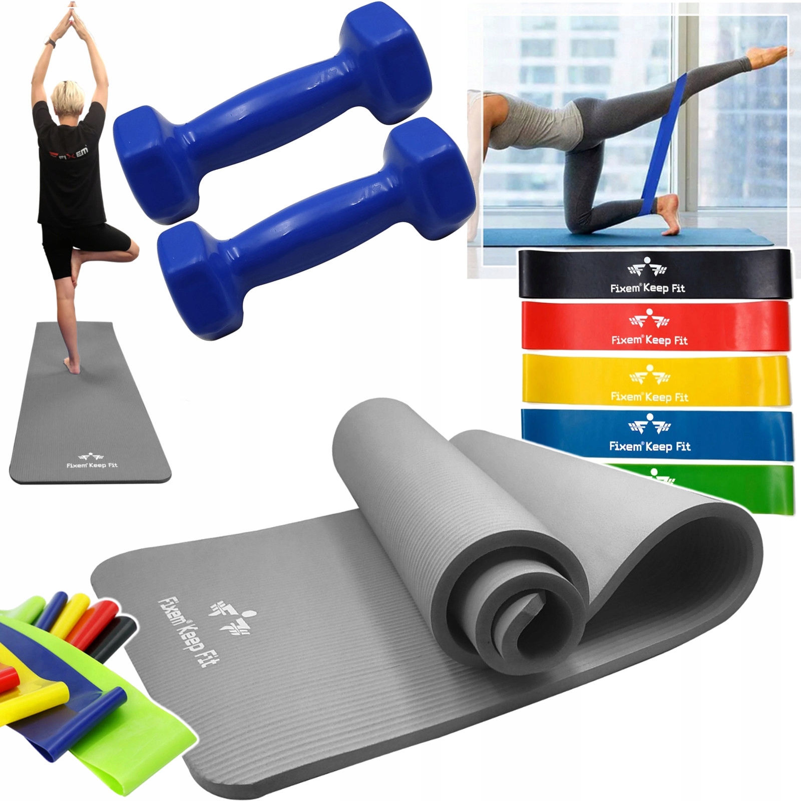 Mata Gimnastyczna Do Jogi Fitness 1,5cm 190x63cm Taśmy Gumy 2X Hantla 1kg