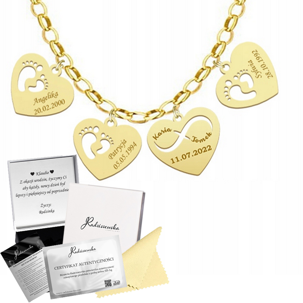 Zlatý náhrdelník se jménem dítěte, nožičkami a srdíčkem – Den matek, stříbro 925 Gravírování
