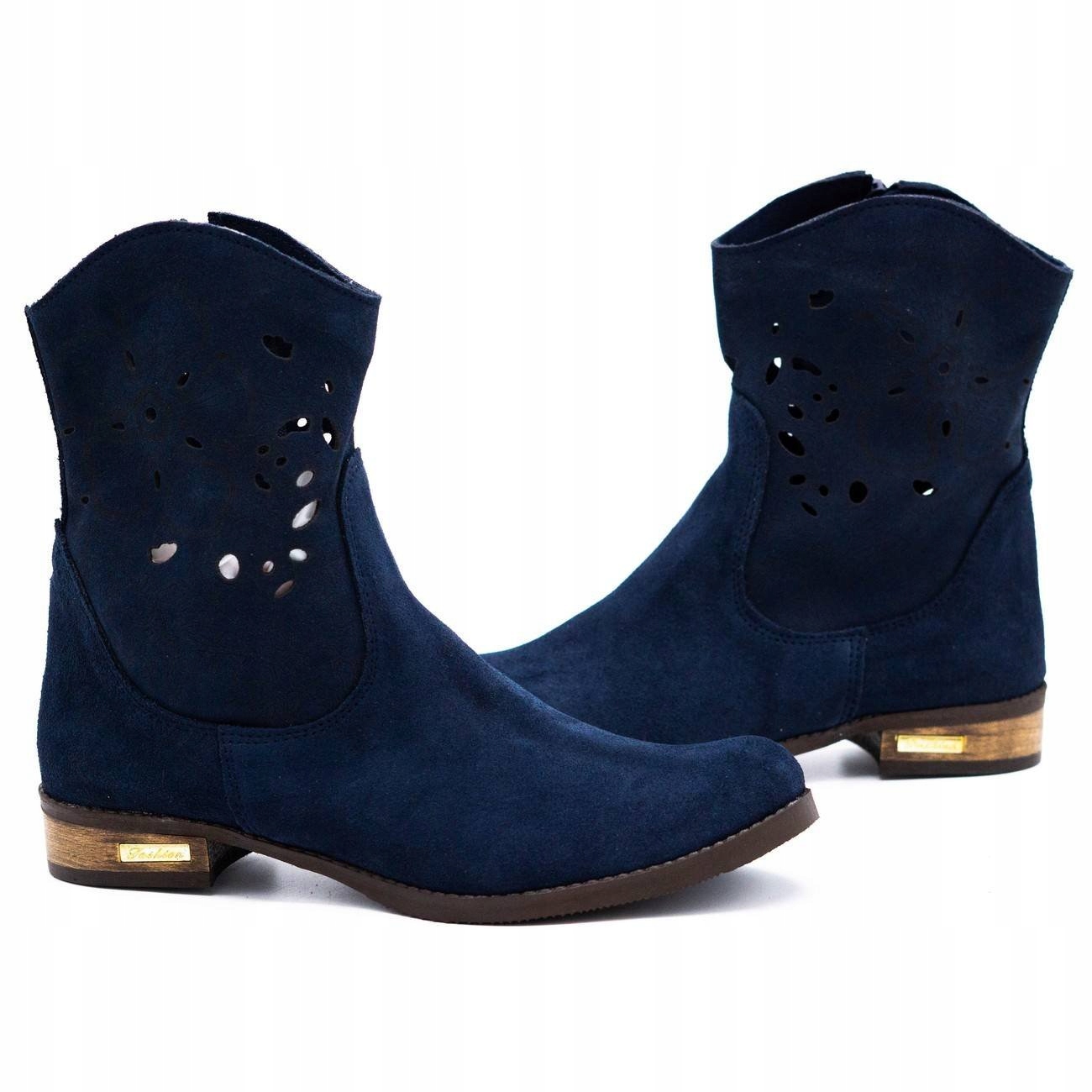 Wygodne botki skórzane ażurowe Jess granatowe 38 Rozmiar 38