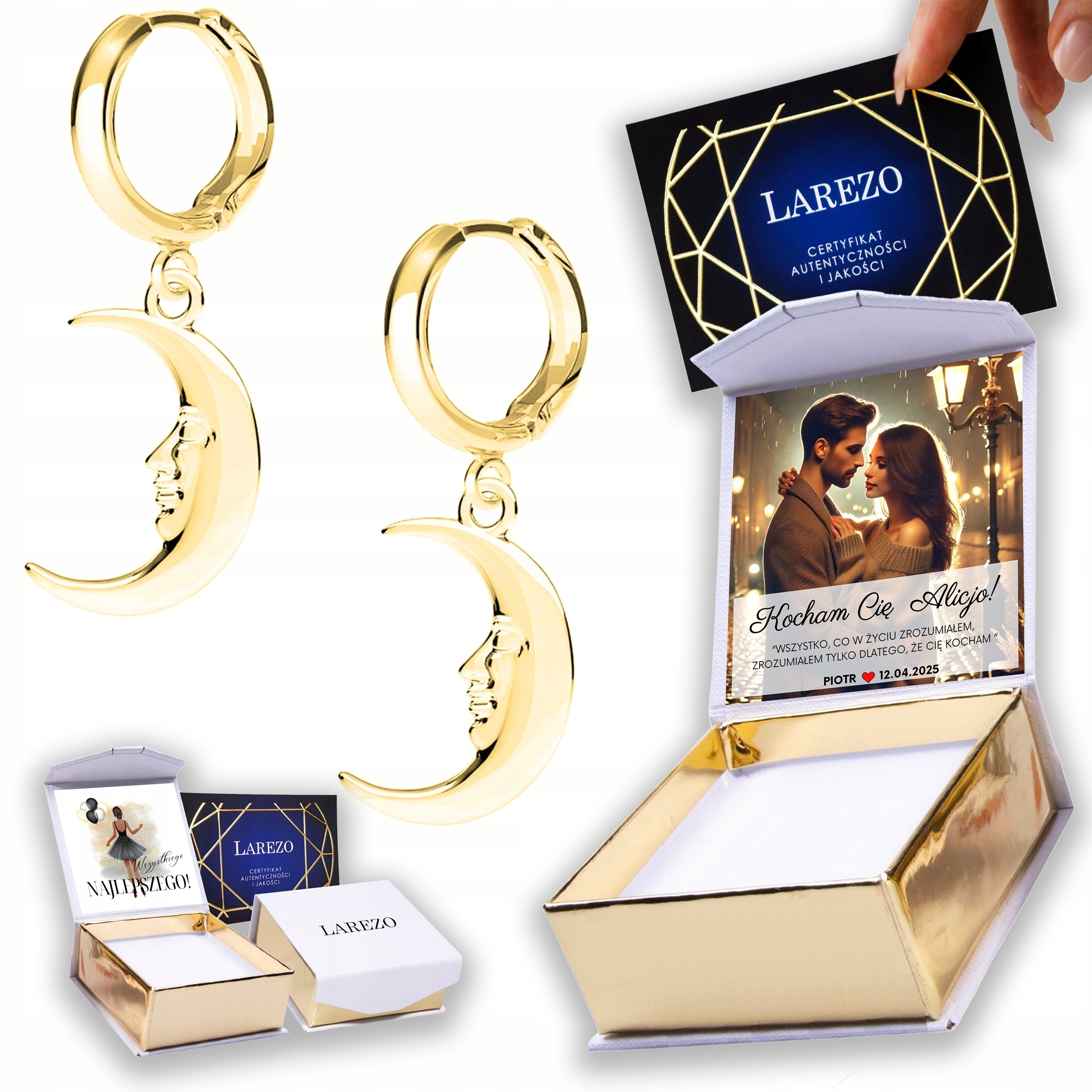 Zlaté Náušnice 925 Měsíc Noc Půlměsíce Tvář Půlměsíc Potisk