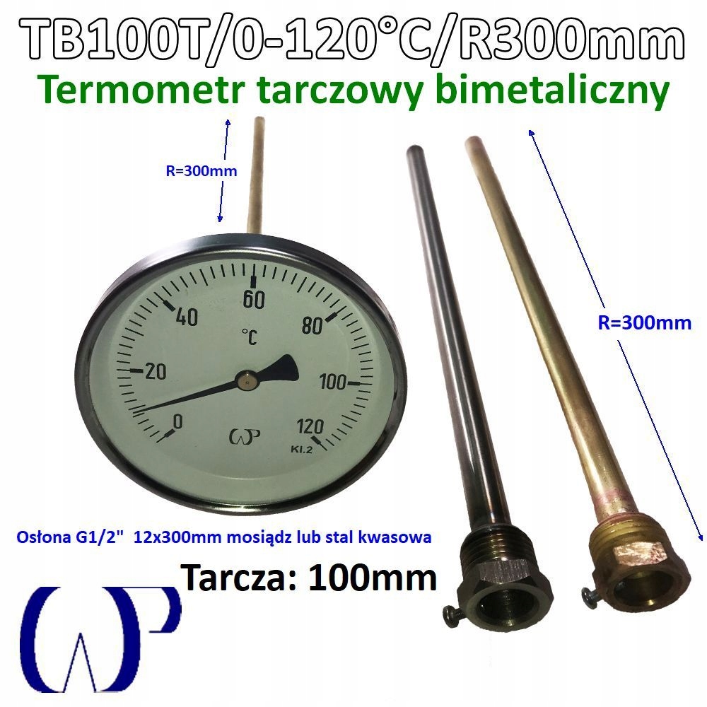 Bimetalický kotúčový teplomer TB100T/0-120°C kyslá krytka G1/2" 300 mm