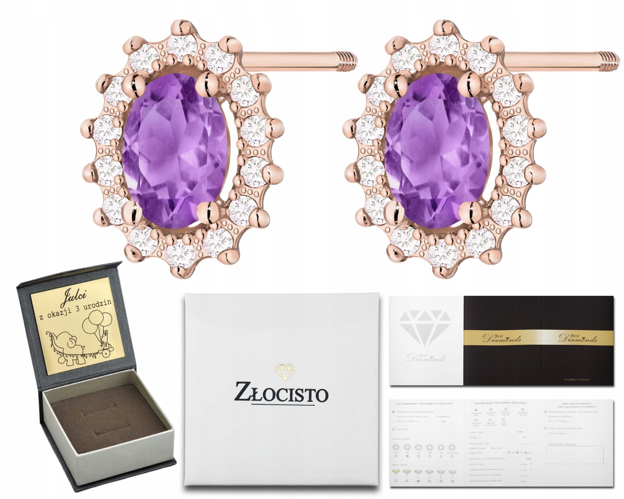 Růžové Zlato Náušnice Ametystové Brilianty Na Šroubovací Tyči Zlato 585 14K