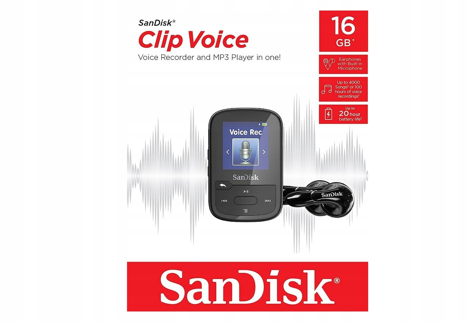 MP3+Voice Recorder SanDisk Clip Voice Clip+ czarny 16 Gb