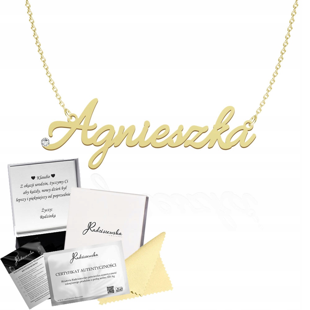 Zlatý náhrdelník se jménem Agnieszka Řetízek Stříbro 925 Dedikace Bonus