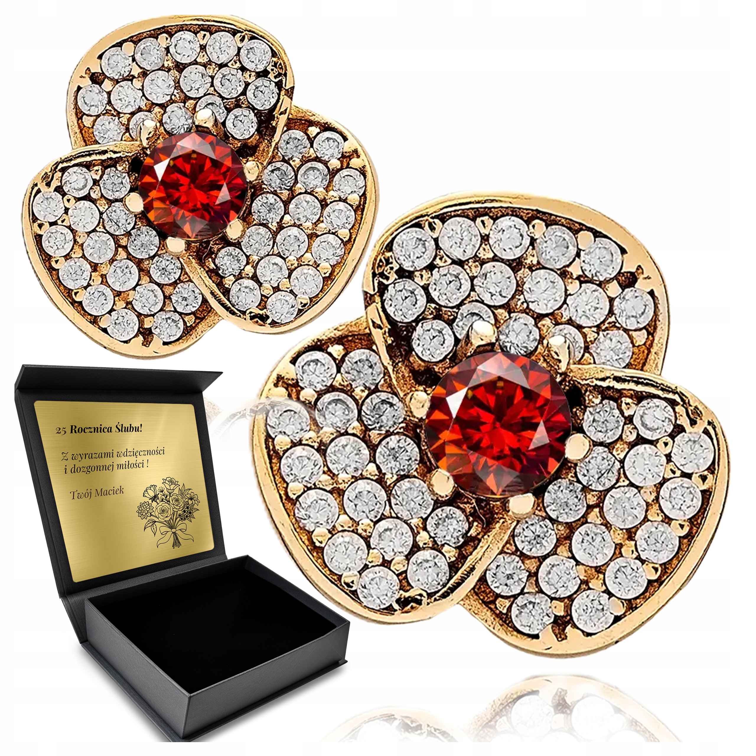 Stříbrné Náušnice 925 Zirkony Granátový Květ Dárek pro ženu S Gravírováním