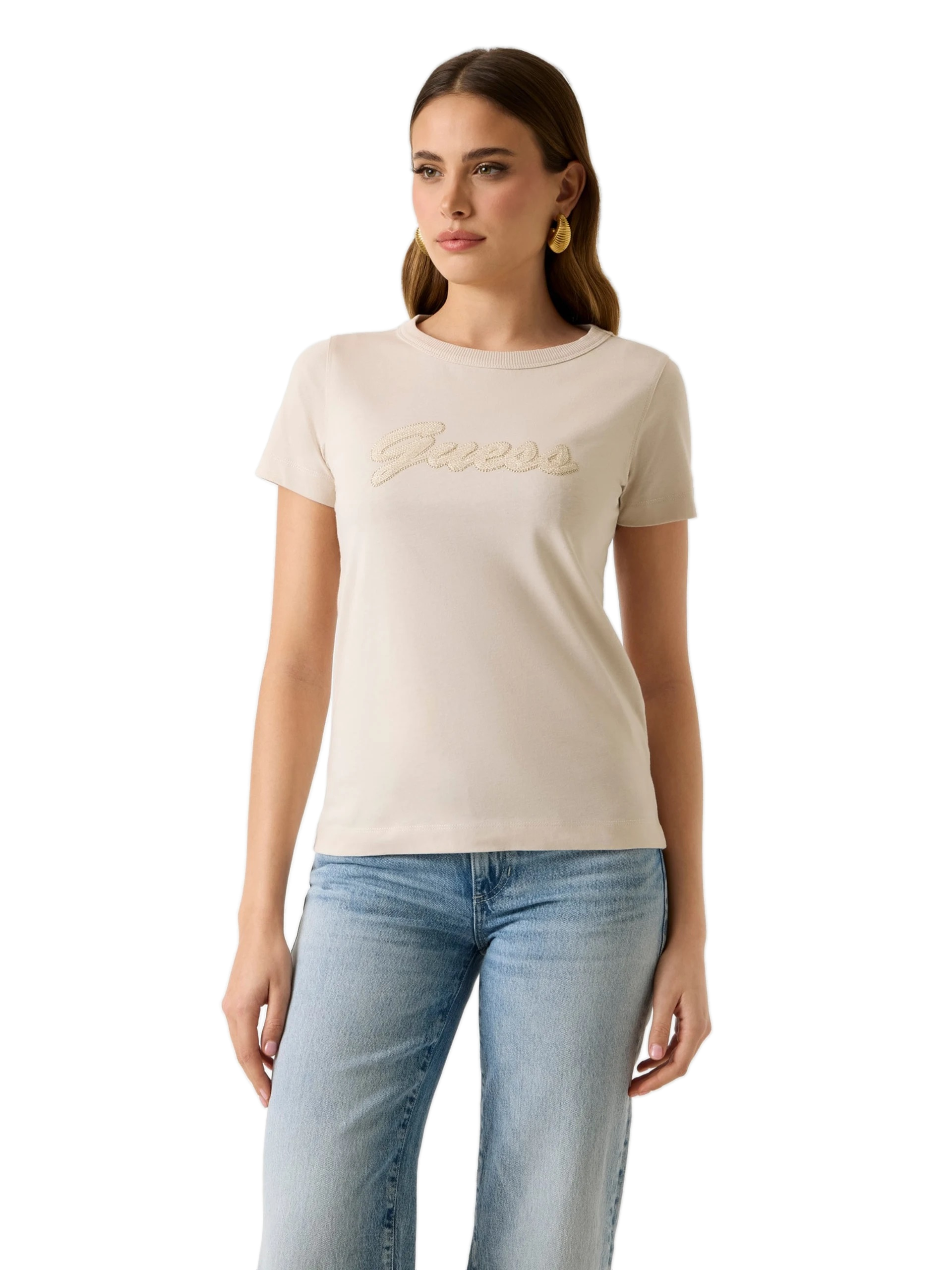 Dámské Tričko Tričko Béžová Logovaná Ženská Výšivka Logo Ženská Guess XL