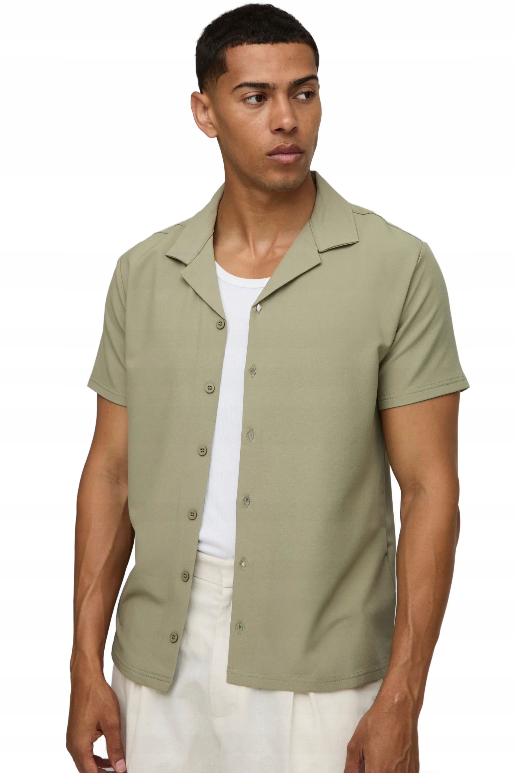 Boohooman Pánská Ležérní Košile Khaki Krátký Rukáv Knoflíky XL Z3A