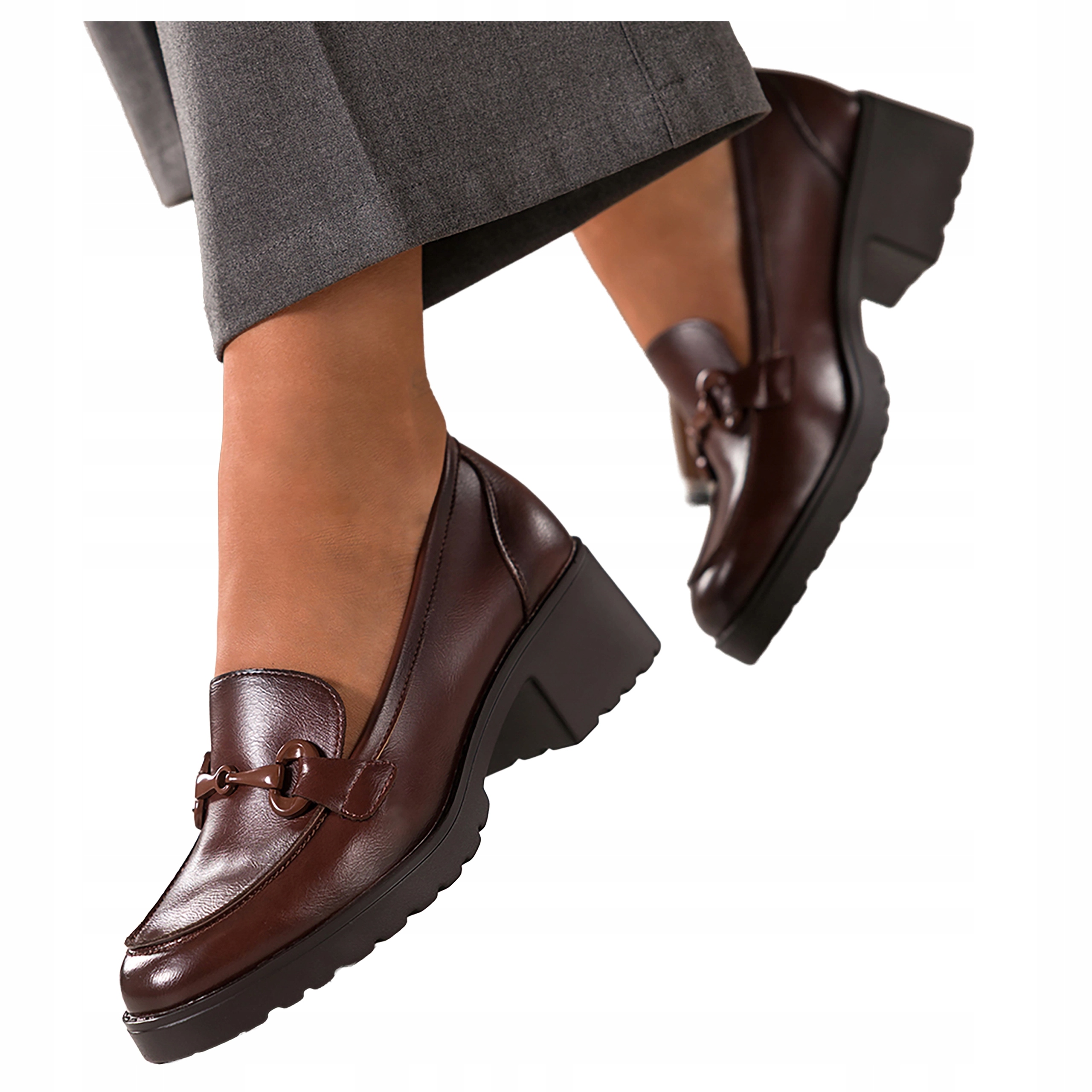 Hnědé Mokasíny Dámské Hnědé Přezky Pohodlné Módní Podpatky Klocek velikost 38