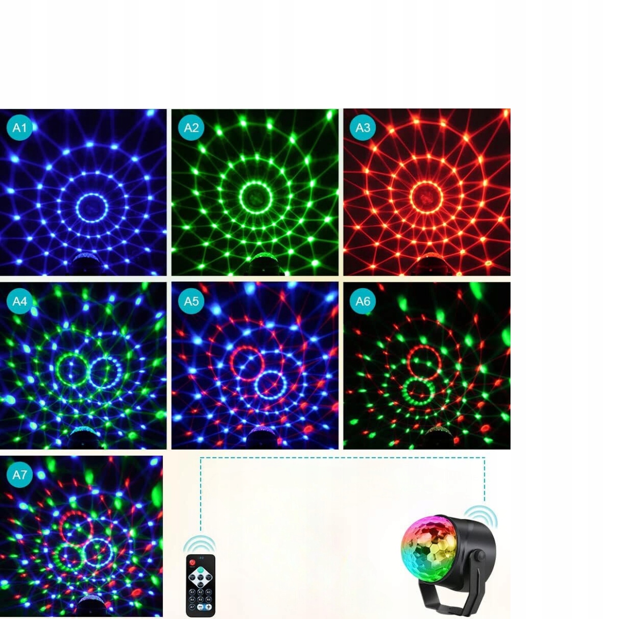2x PROJEKTOR DYSKOTEKOWY KULA DISCO OBROTOWA LASER REFLEKTOR LED RGB PILOT Zasilanie sieciowe