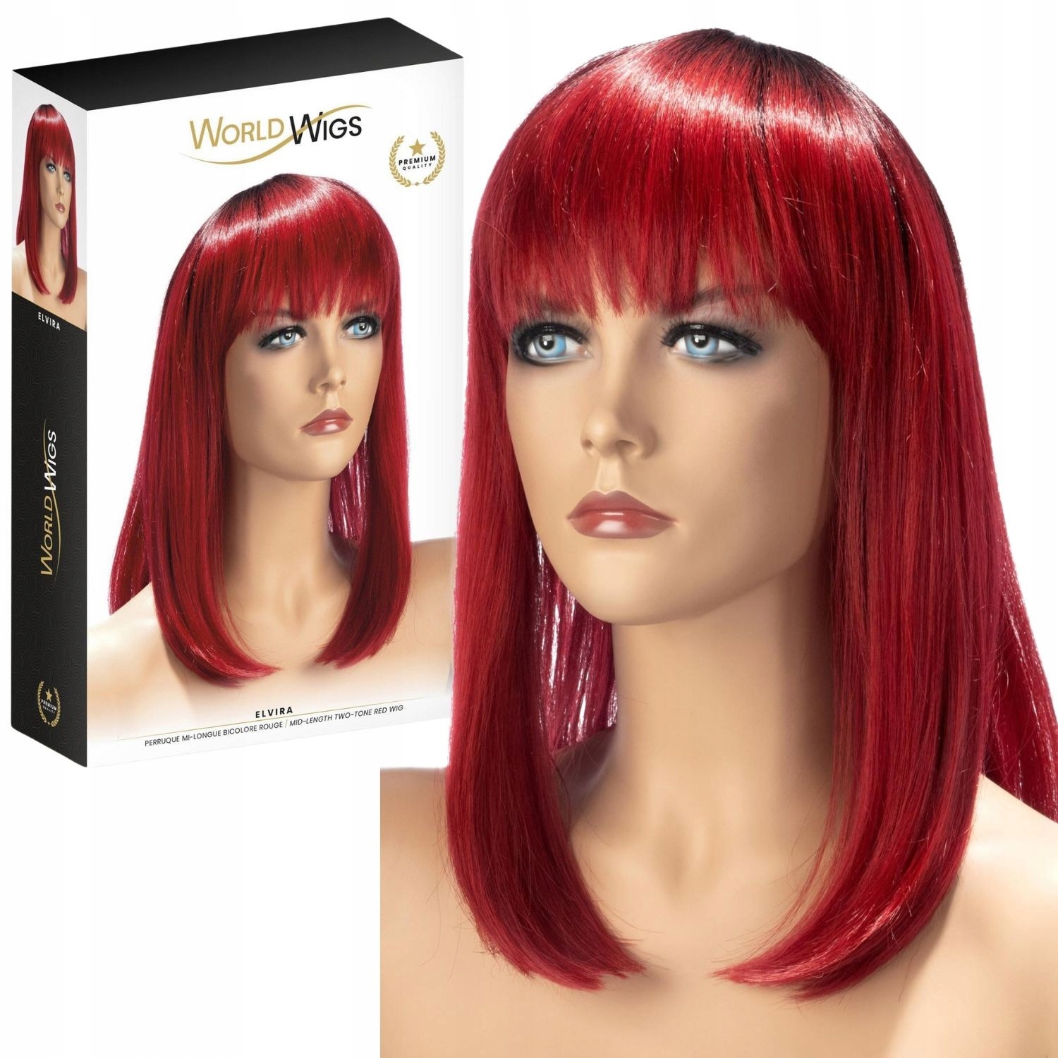 Červená paruka s lesklými vlasy na ramena a ofinou od World Wigs World W