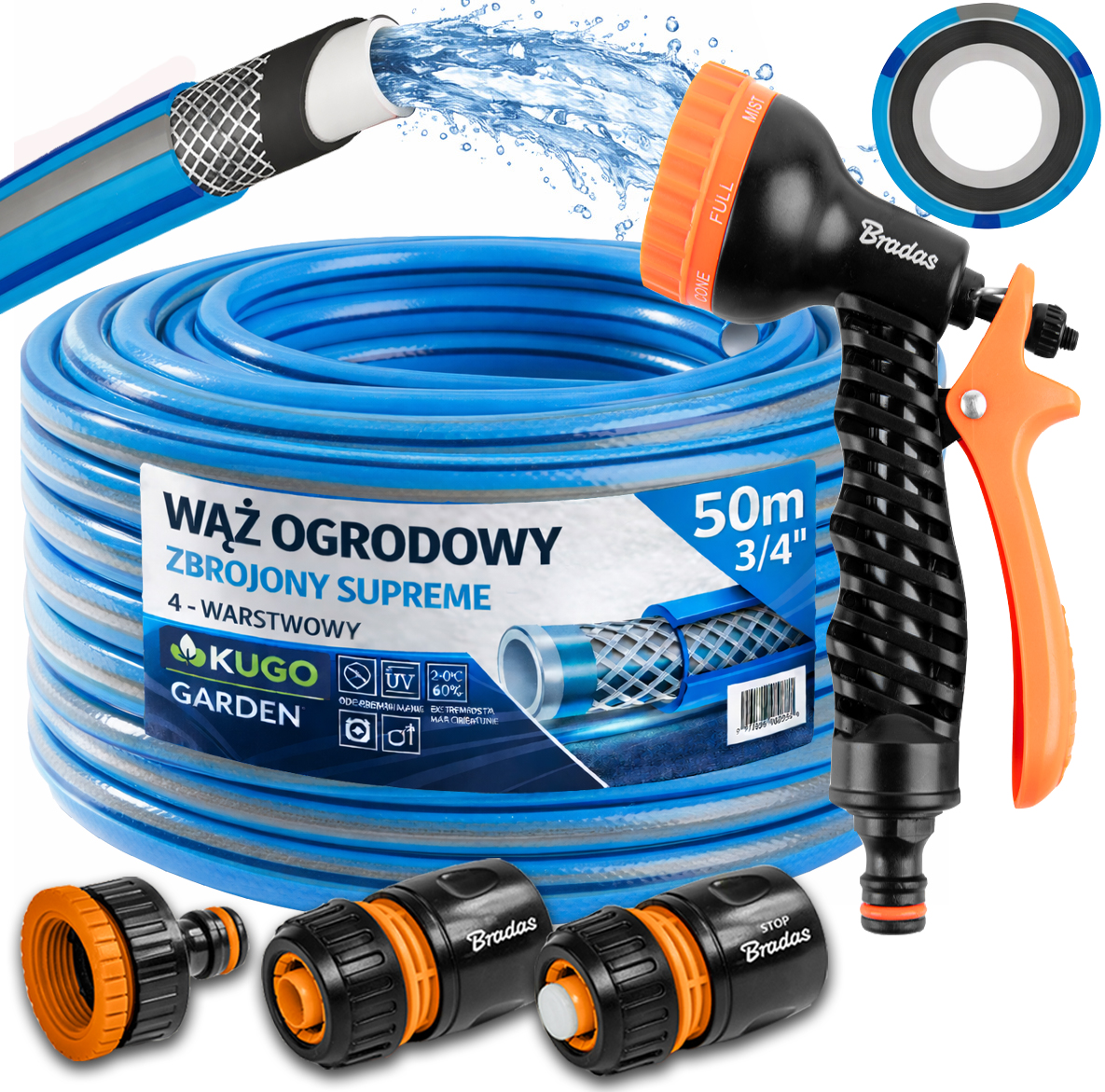 Hadice 3/4" 50 m 4 Vrstvy Supreme Gun Spojky Set Bradas