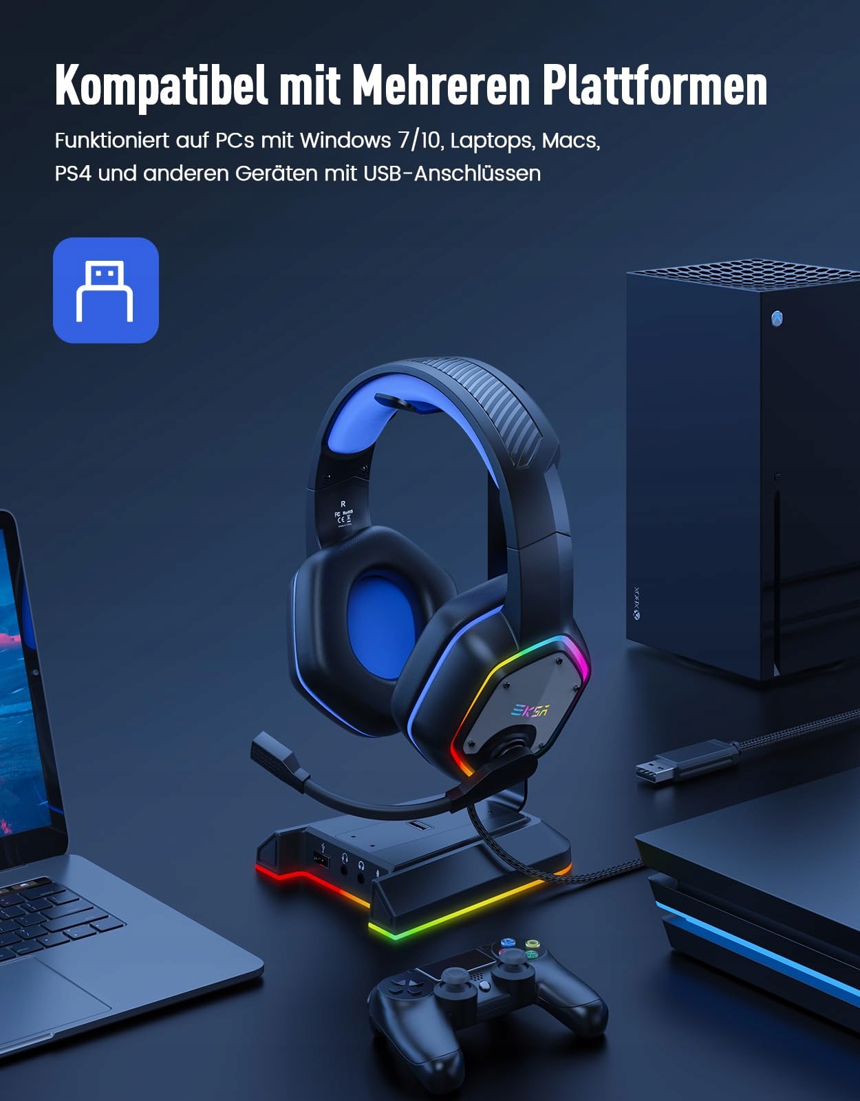 EKSA Słuchawki USB z Mikrofonem RGB 7.1 Surround Gaming PC PS4 PS5 Laptop — miniatura 5