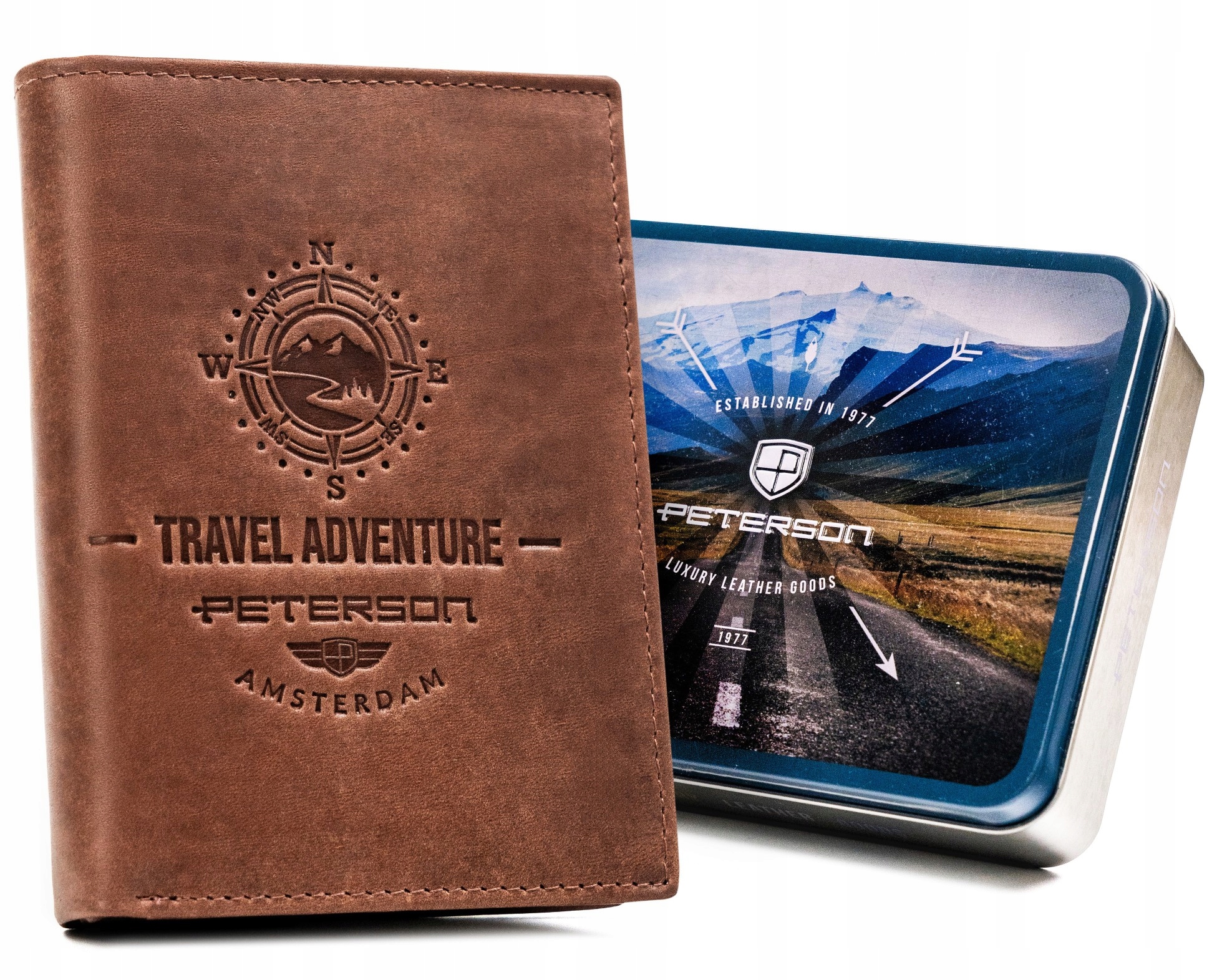 Portfel skórzany męski dla podróżnika ochrona kart Rfid Peterson