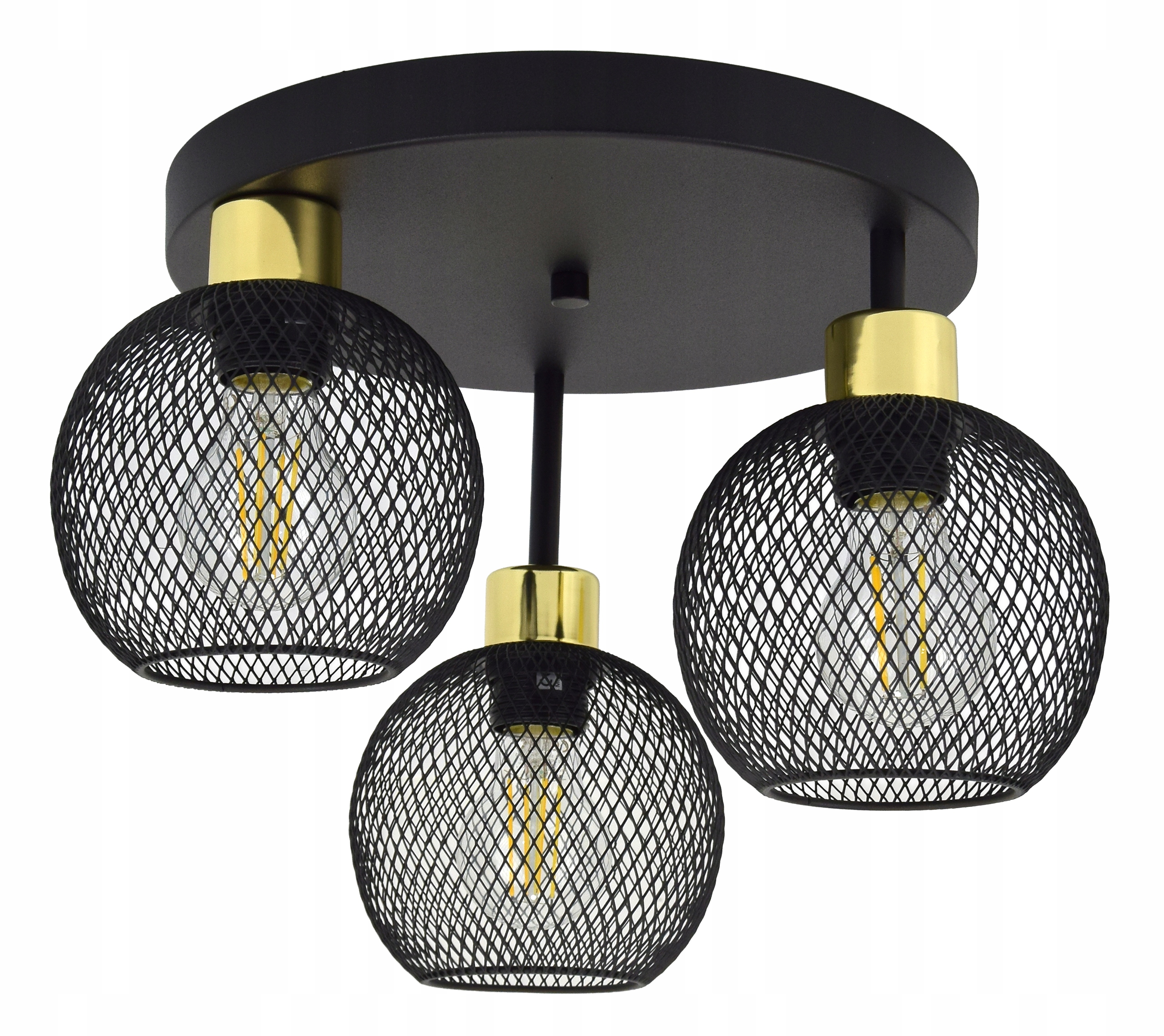 Nowoczesna lampa loft 3-punktow czarny mat złoty klosze E27 plafon żyrandol