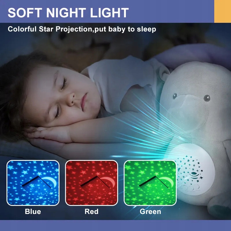 SŁONIK MIŚ SZUMIŚ USYPIACZ LAMPKA NOCNA PROJEKTOR 2w1 10 KOŁYSANEK Płeć chłopcy dziewczynki unisex