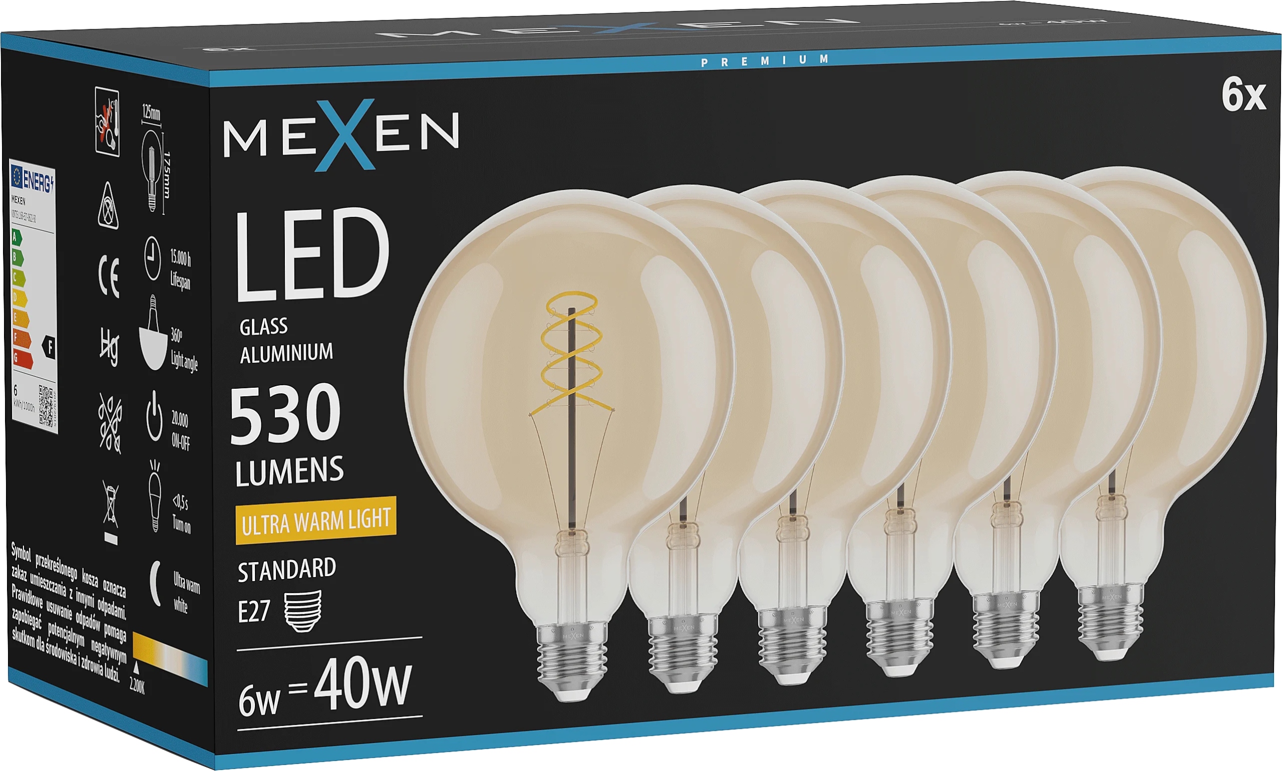 Mexen Vintis 6X Žárovka Filament Spirála Led E27 G125 6W 2200K 530 LM Amber