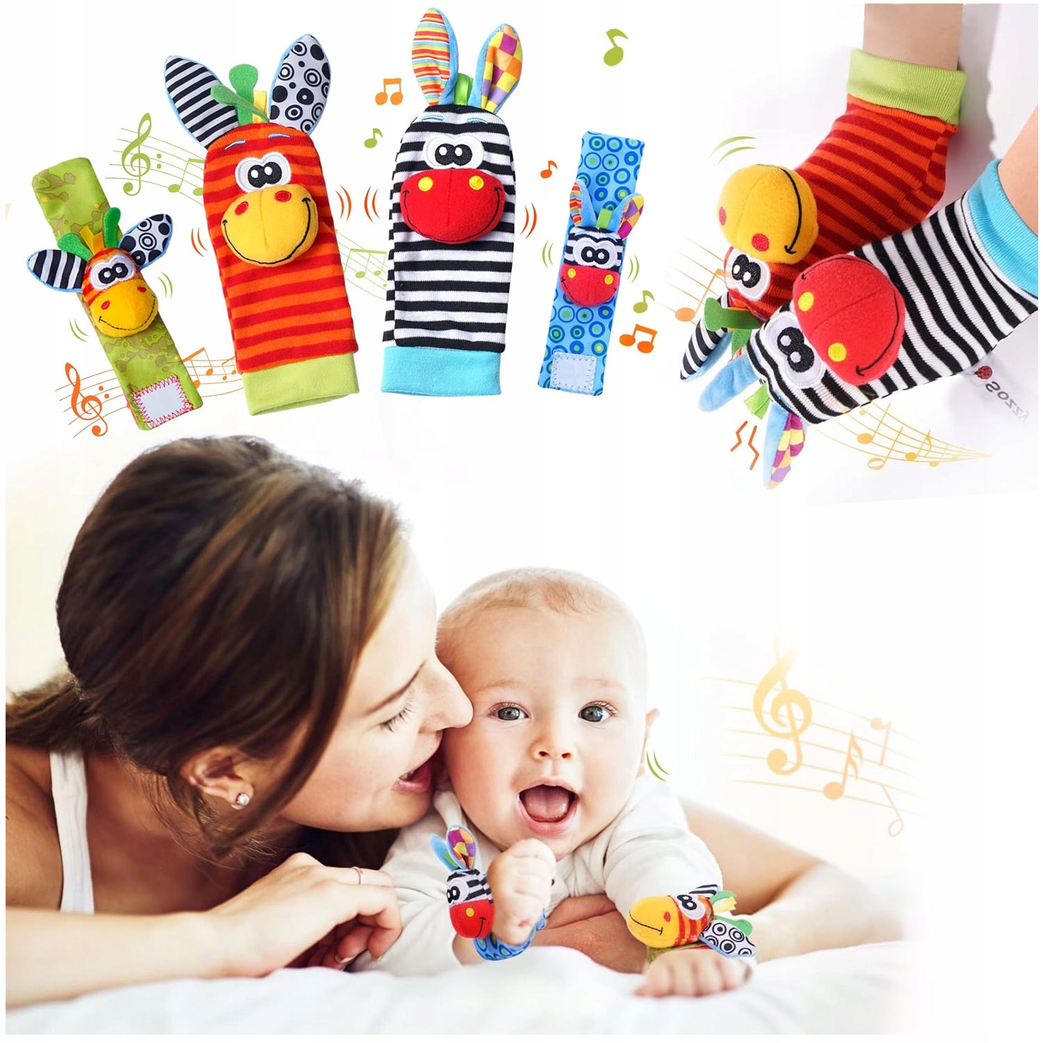 4x SKARPETKI + OPASKI 3D GRZECHOTKI SOZZY ZABAWKA SENSORYCZNA DLA NIEMOWLĄT Marka Inna marka