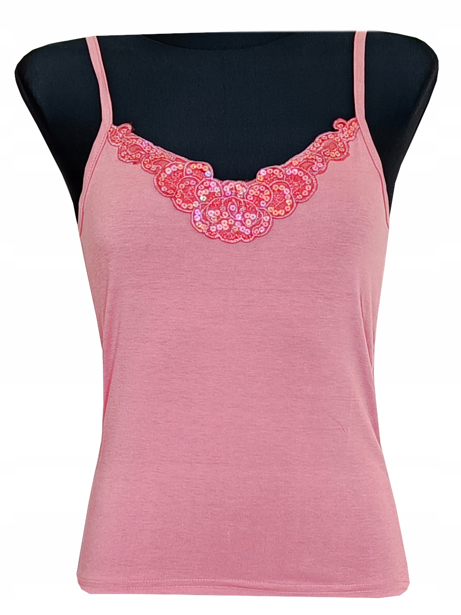 KOSZULKA DAMSKA BLUZKA TOP NA RAMIĄCZKA CEKINY RÓŻOWA L 40 MODEL:124G