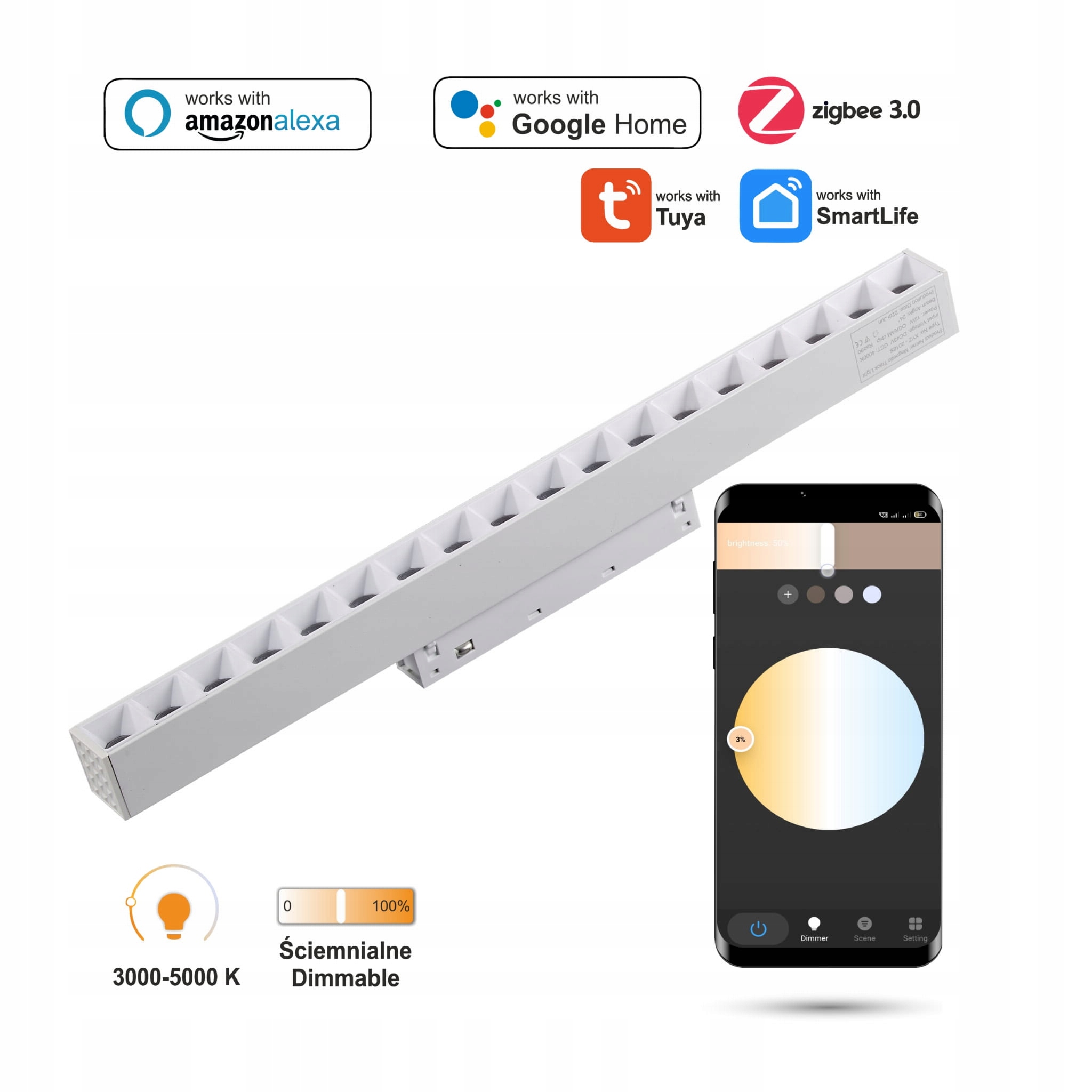 Lineárny reflektor Biely Led Zigbee Grille 18W Smart Track 48VDC 3000-5000K