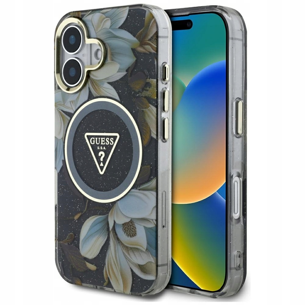 Pouzdro pro iPhone 16 Guess MagSafe Glitter Flowers černé