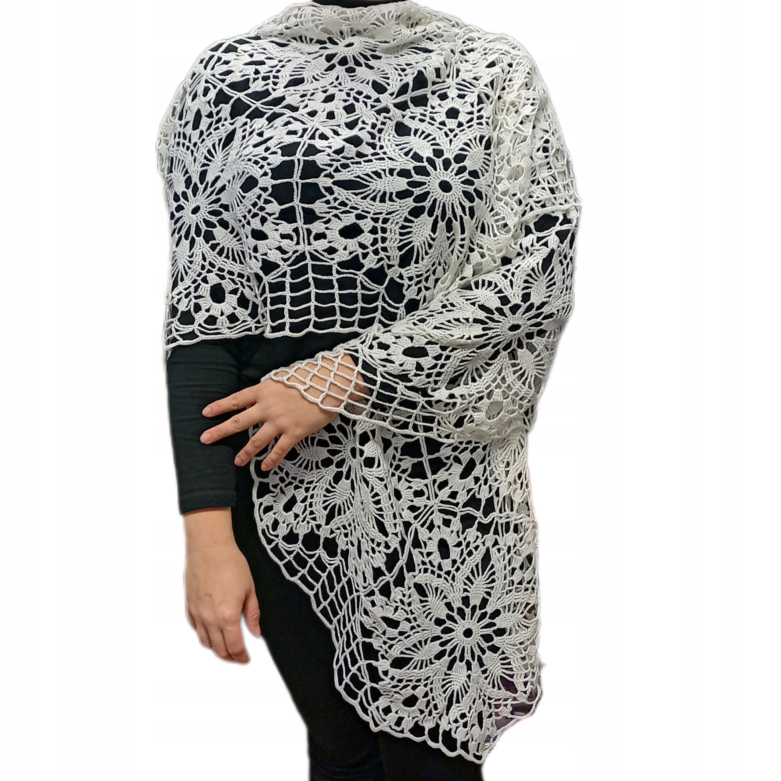 RK/HN10 Ažurová šála vyrobená ručně háčkováním. Bílá barva. 220 x 60 cm.