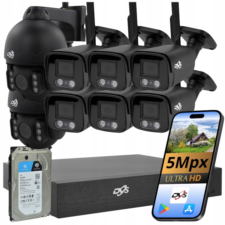 Sada Monitorování Wifi 6 Kamer 5MPX 2 Otočné Kamery Černý Disk 1Tb