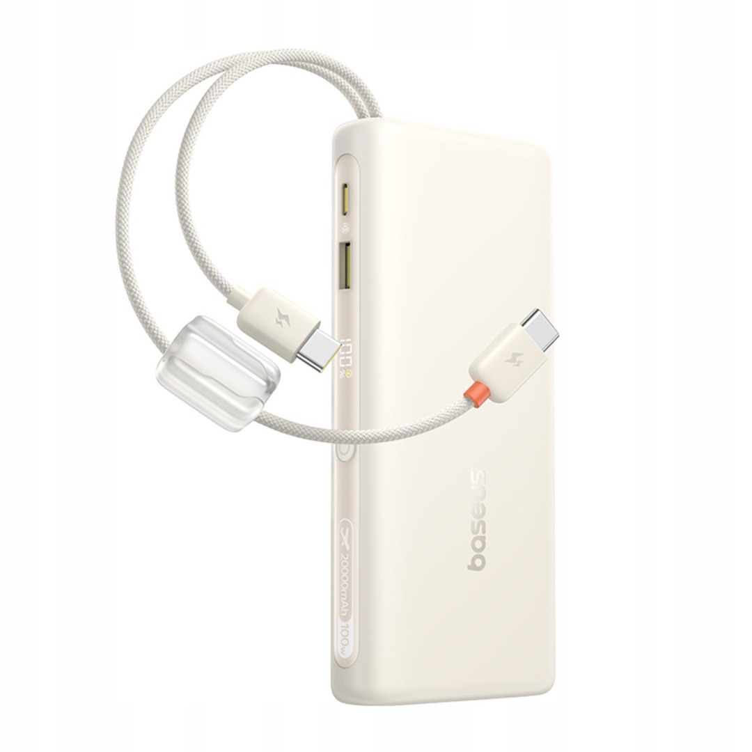 Powerbank 20000mAh 100W z wyświetlaczem dwoma kablami Usb-c beżowy