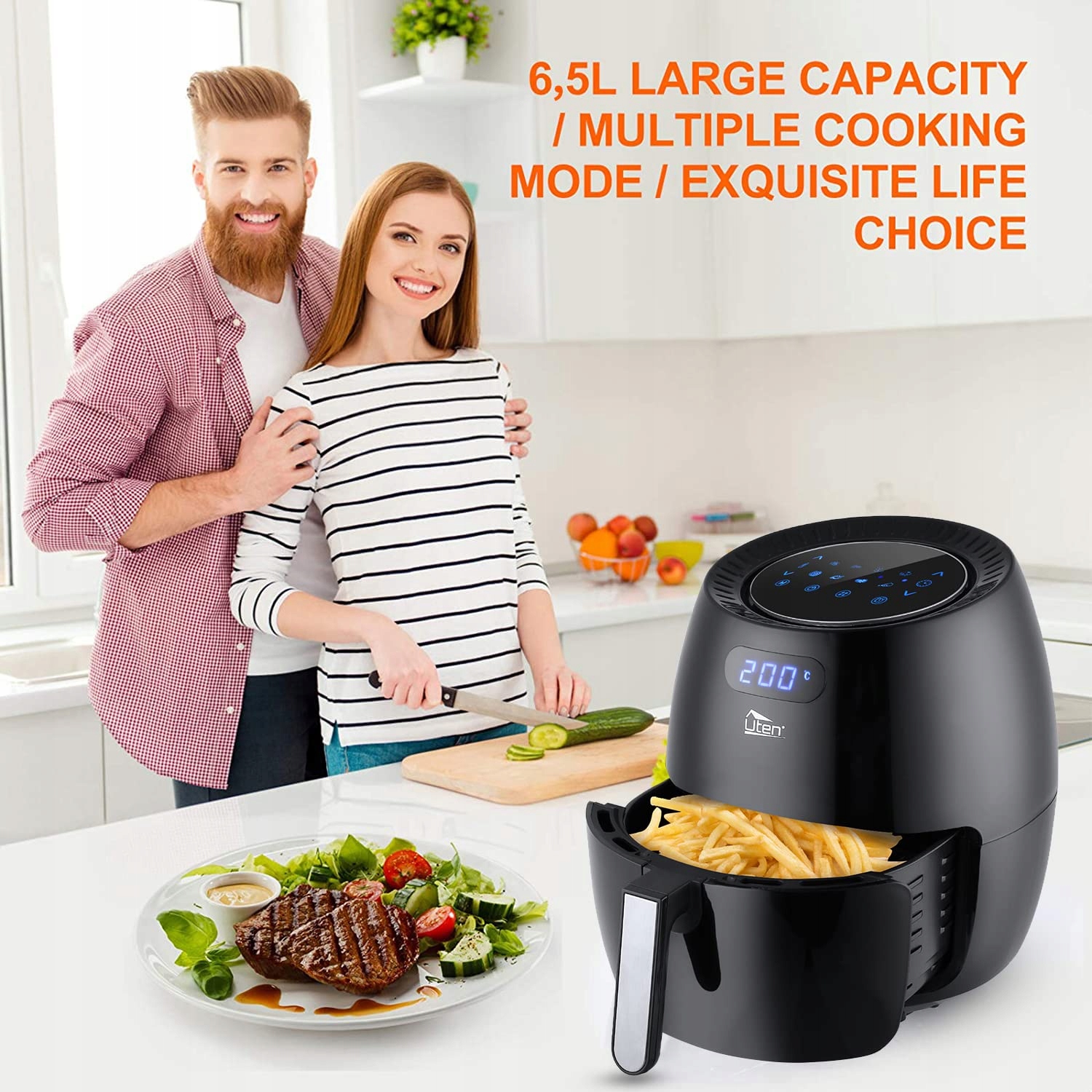 UTEN Frytkownica Beztłuszczowa 6.5L LED Ekran Dotykowy 1800W 8 Programów — miniatura 5