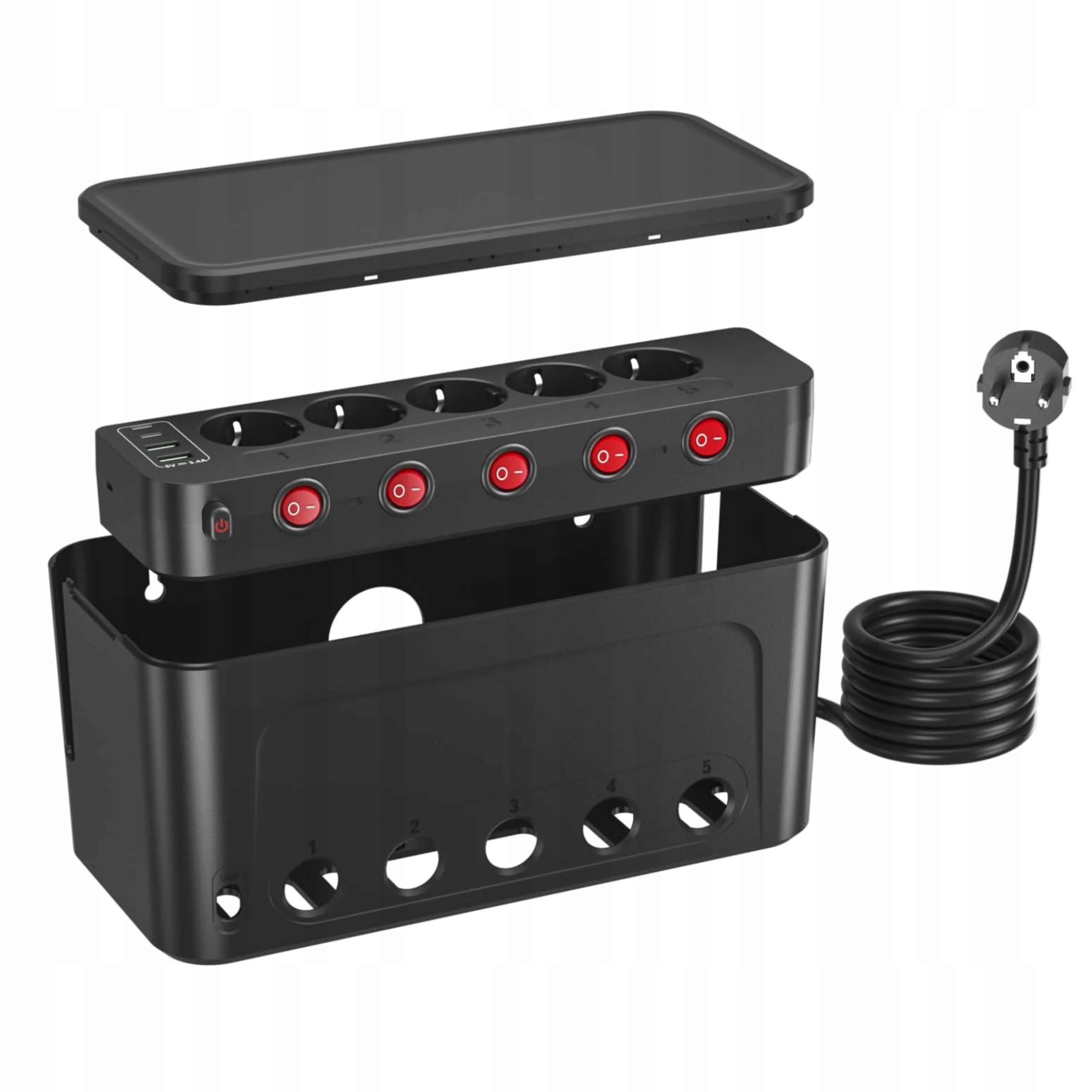 Box Na Kabely S Napájecí Lištou Usb-c 5 Zásuvek Domácí Organizér