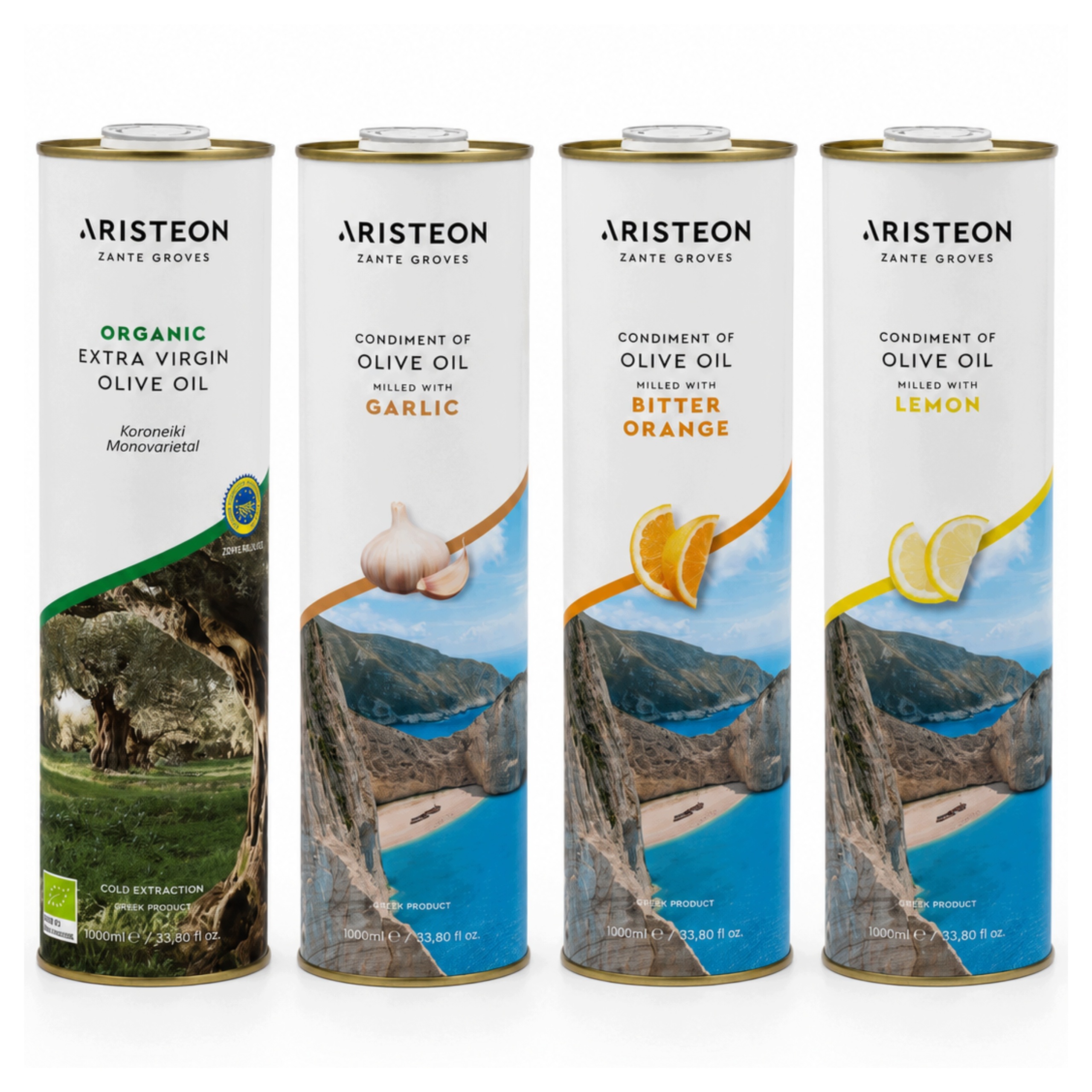 Řecký olivový olej Česnek Citron Pomeranč Bio Sada 4x1L Aristeon