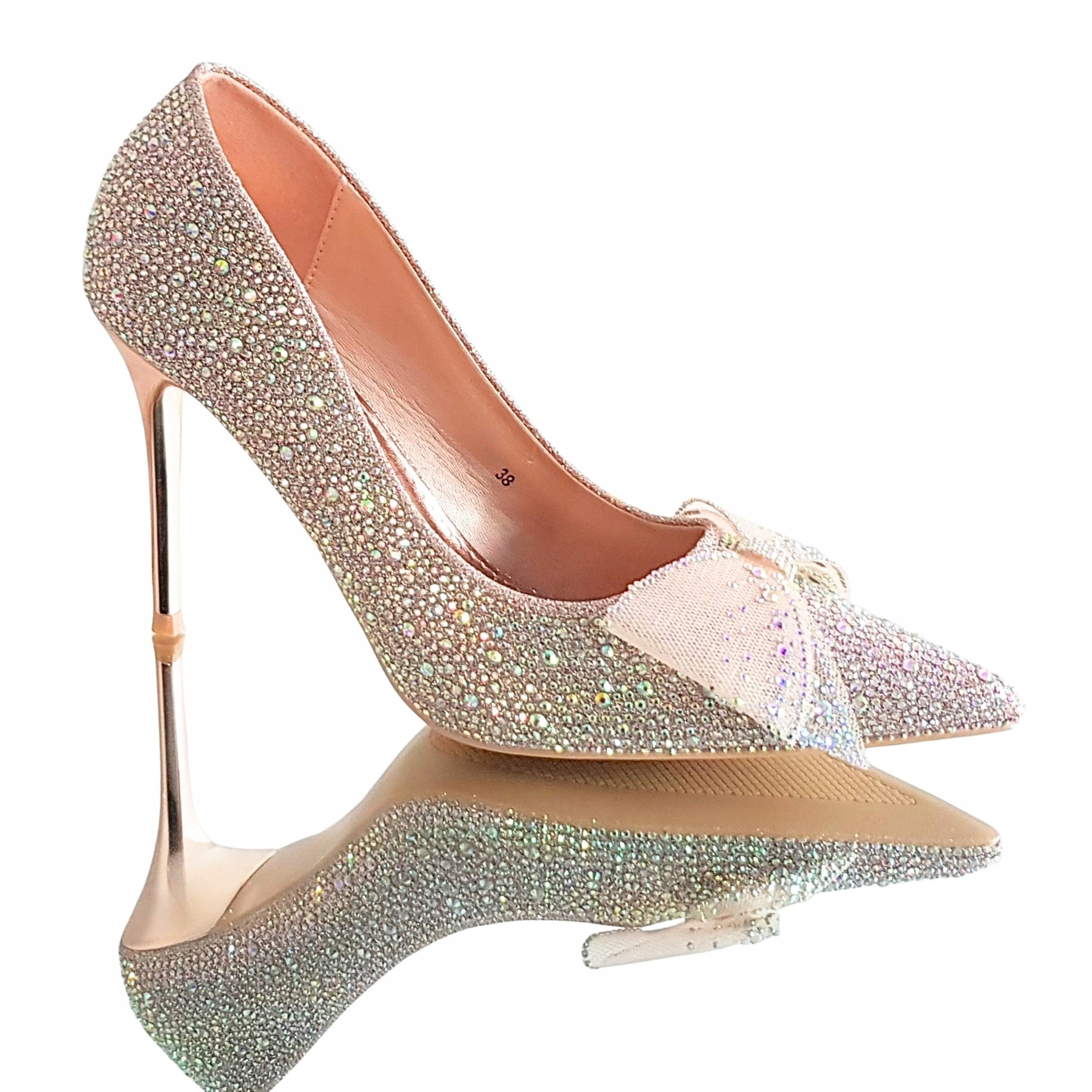 Złote Buty Czółenka Lustrzane Szpilki Brokat Cyrkonie Kokarda 39