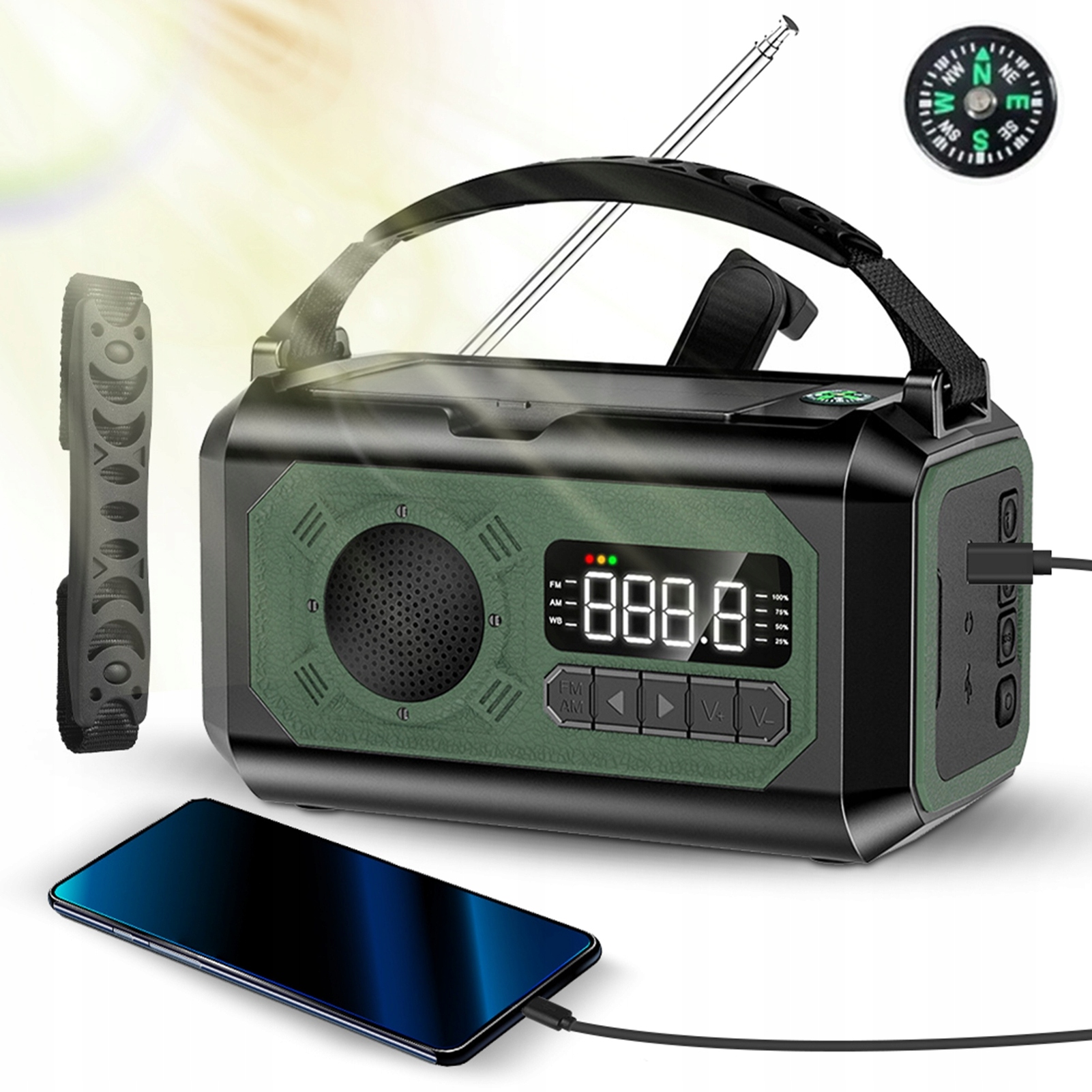 Solární Rádio Pro Kempování Am/fm Dynamo, Svítilna, Powerbanka, Usb, Omáčka
