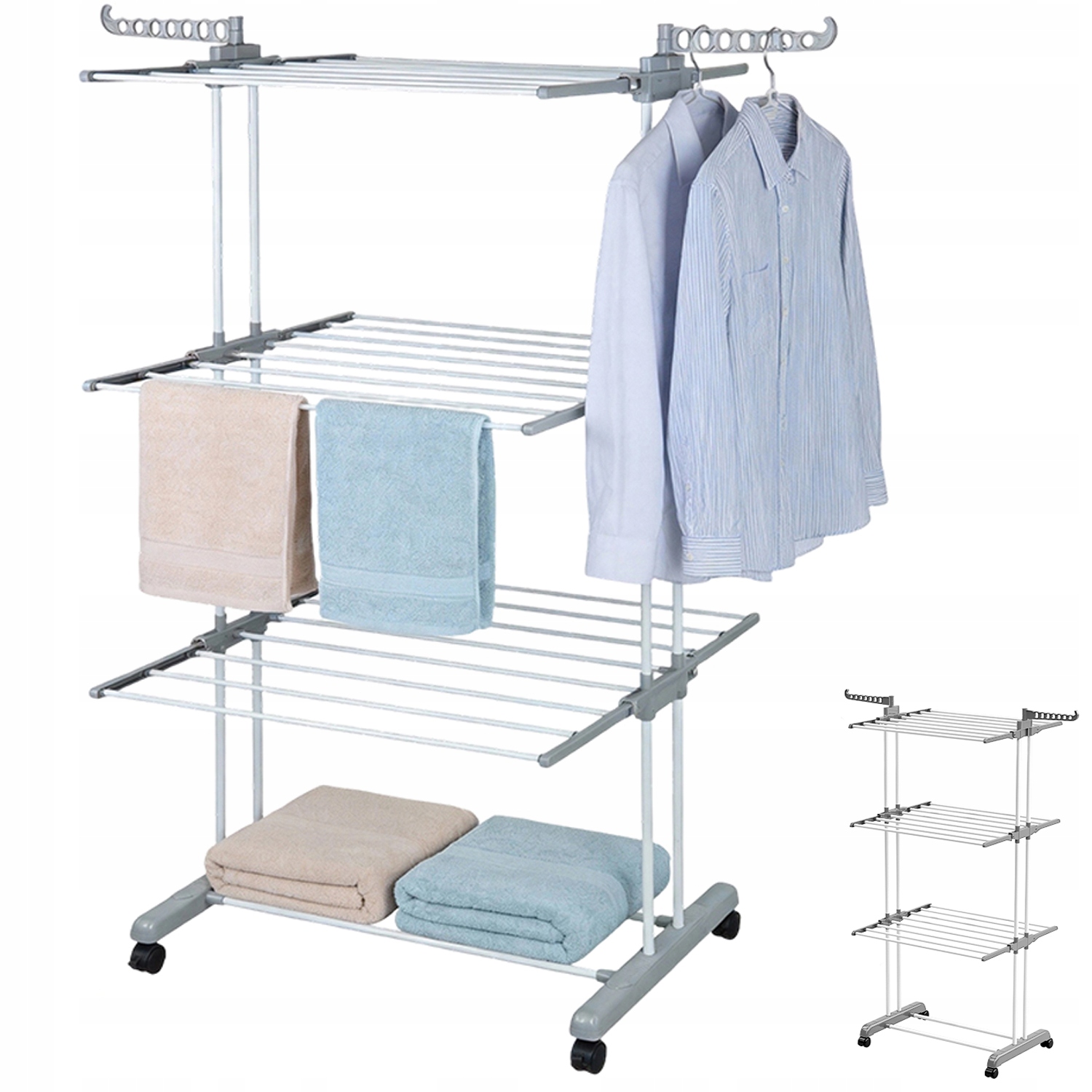 Levně Velký vertikální sušák na prádlo s kolečky, šedý, 3 patra, pro vnitřní i venkovní použití