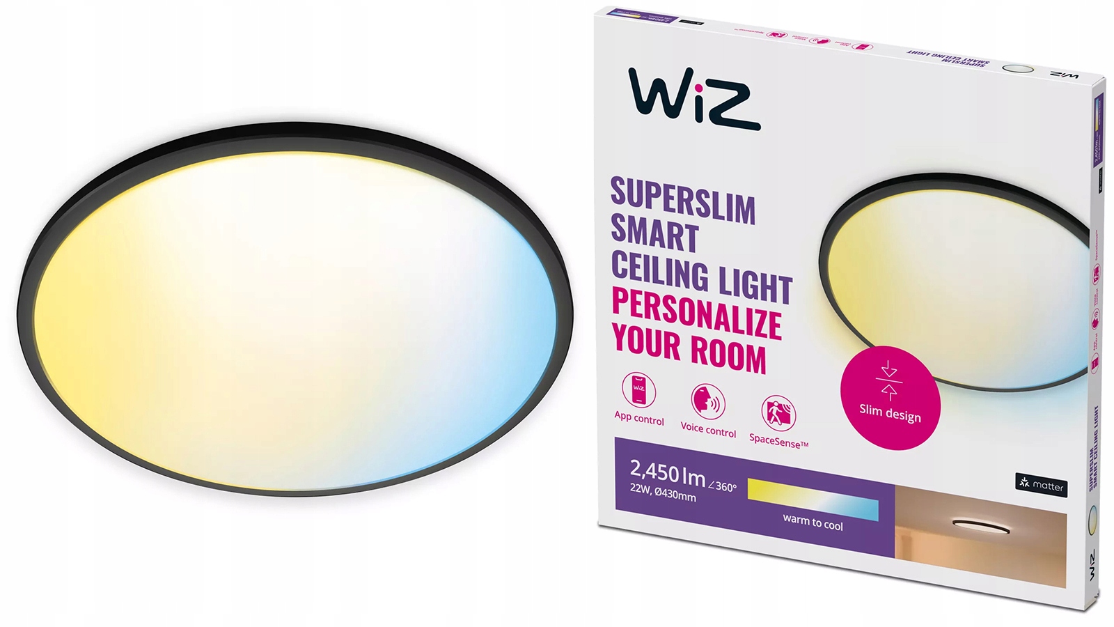 Stropné Svietidlo Led Nástenná stropná lampa 22W Cct čierna okrúhla Smart WiFi WiZ