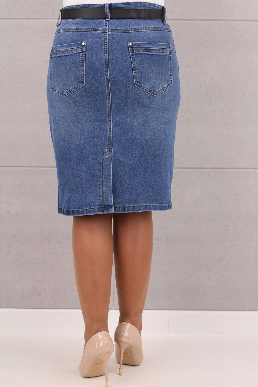 OŁÓWKOWA SPÓDNICA JEANS PASEK GRATIS Z ROZCIĘCIEM DUŻE ROZMIARY Wzór dominujący bez wzoru