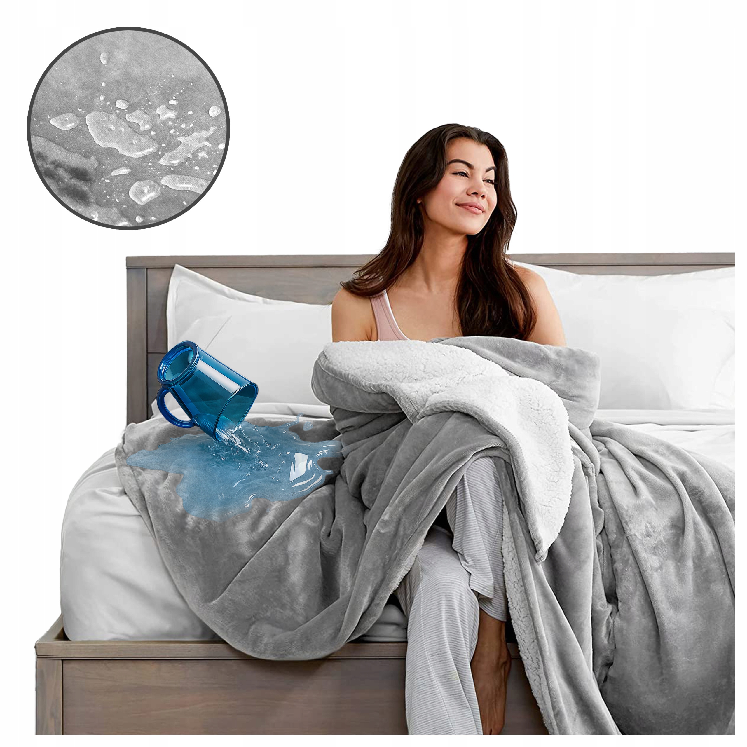 Koc Narzuta Wodoodporna Baranek 220x240 Dwustronny Jasnoszary