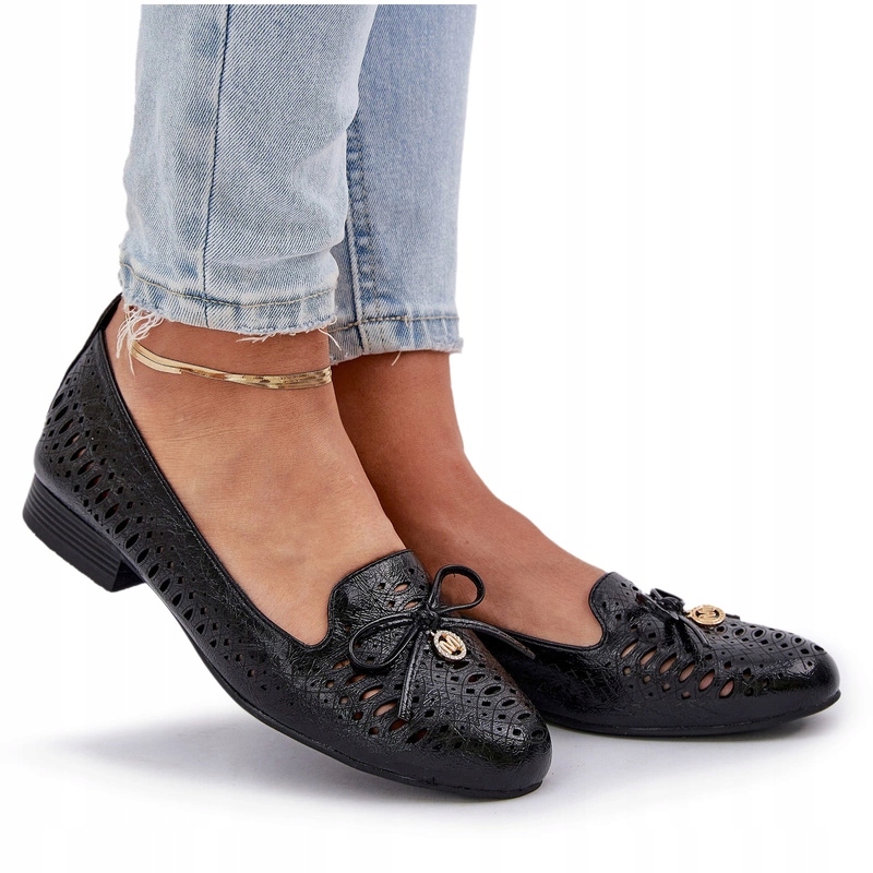 Prolamované Baleríny Eko Kůže Plochý Podpatek Mašlička Elegantní Černé 36