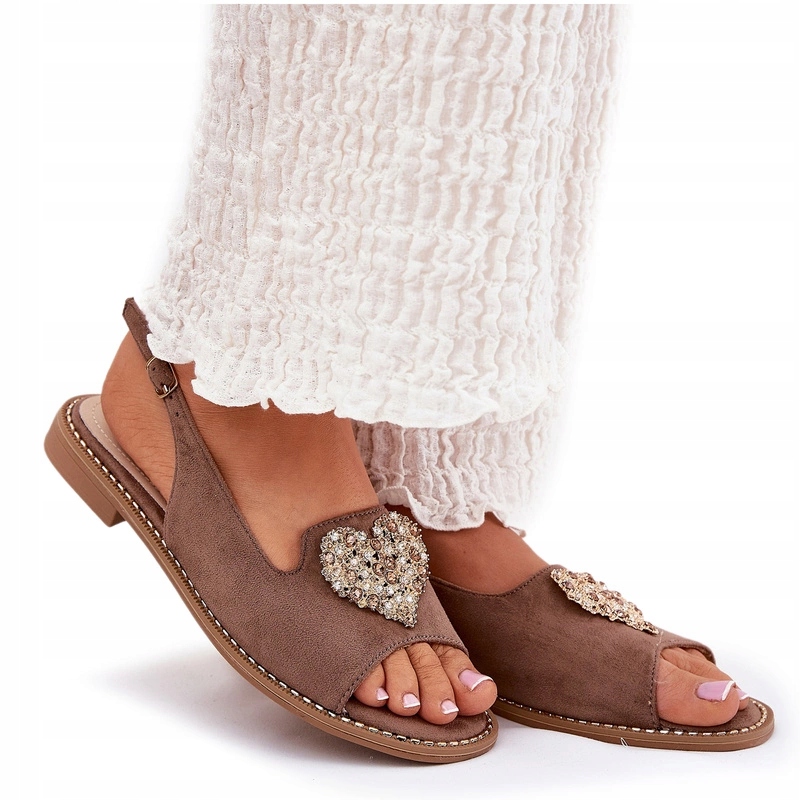 Dámské Plážové Sandály S Ozdobným Srdcem Eko Semiš KV27-018 Tmavě Béžová 37