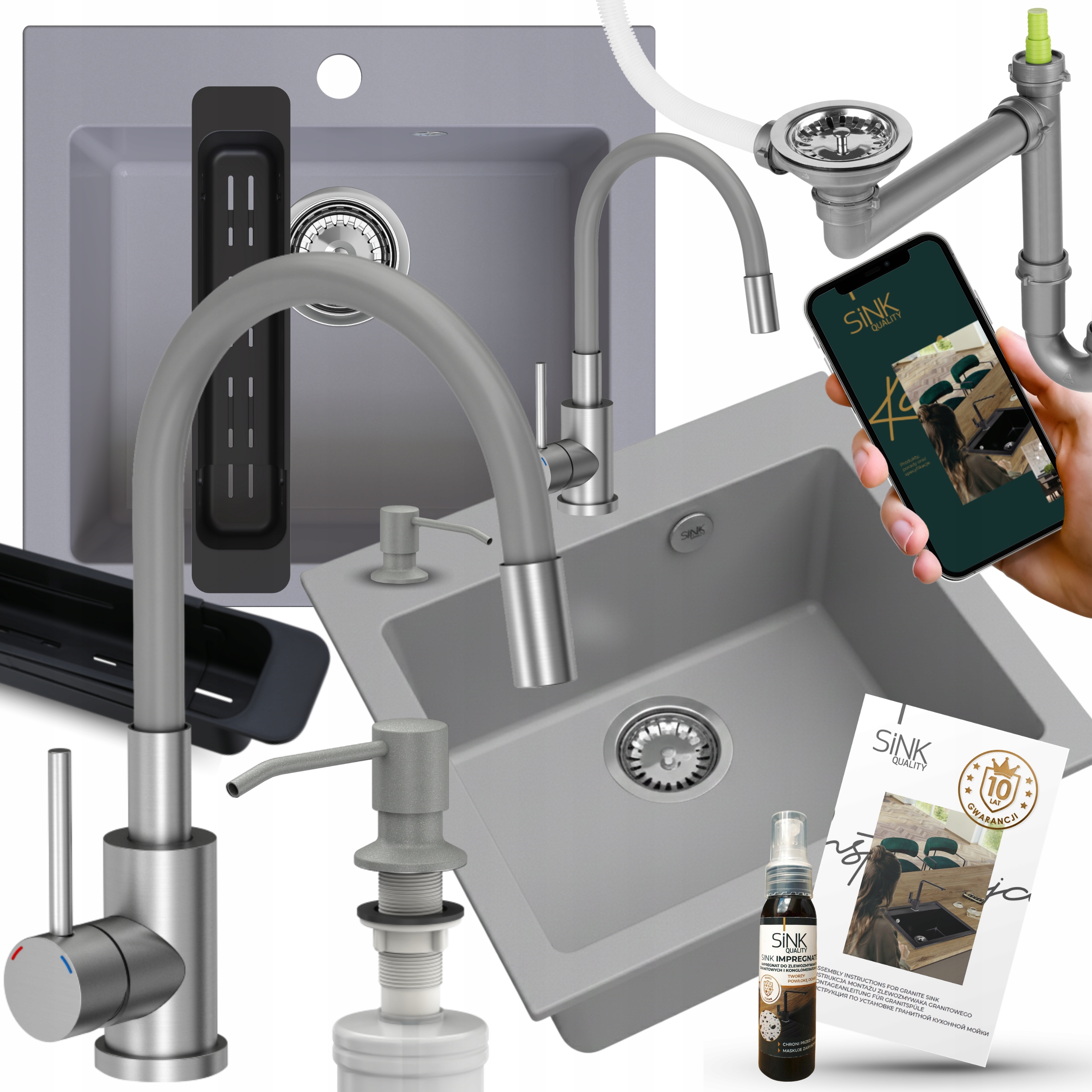 Sada Granitového Drezu Jednokormová Šedá S Batériou A Sifónovým Dávkovačom