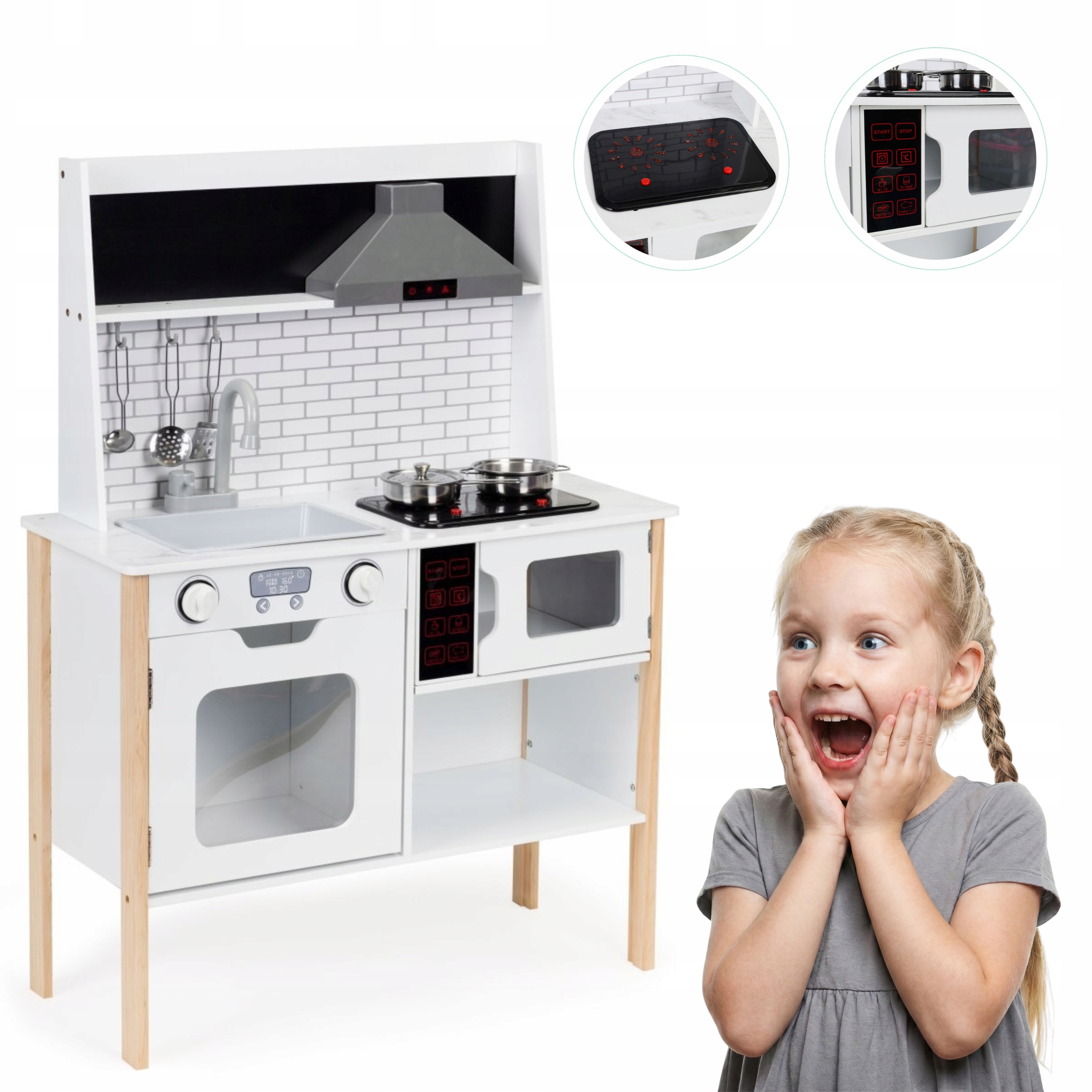 Drewniana Kuchnia Dla Dzieci Edukacyjna Interaktywna Dźwięk+LED Piecy New