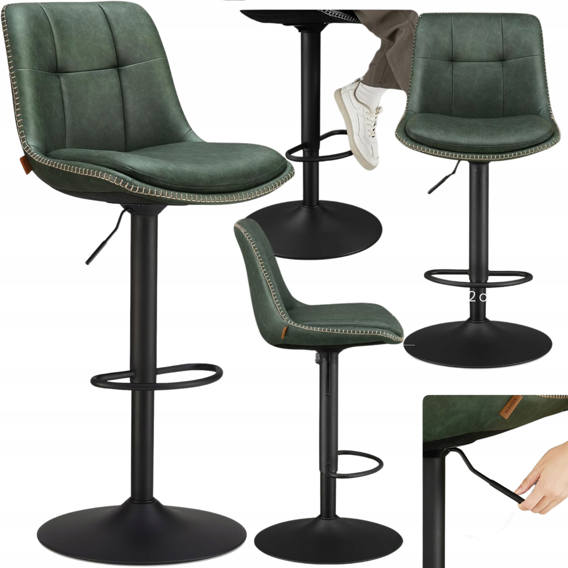 Barová stolička zelená, vysoká, otočná, 2 ks, Hoker na kuchynský ostrovček