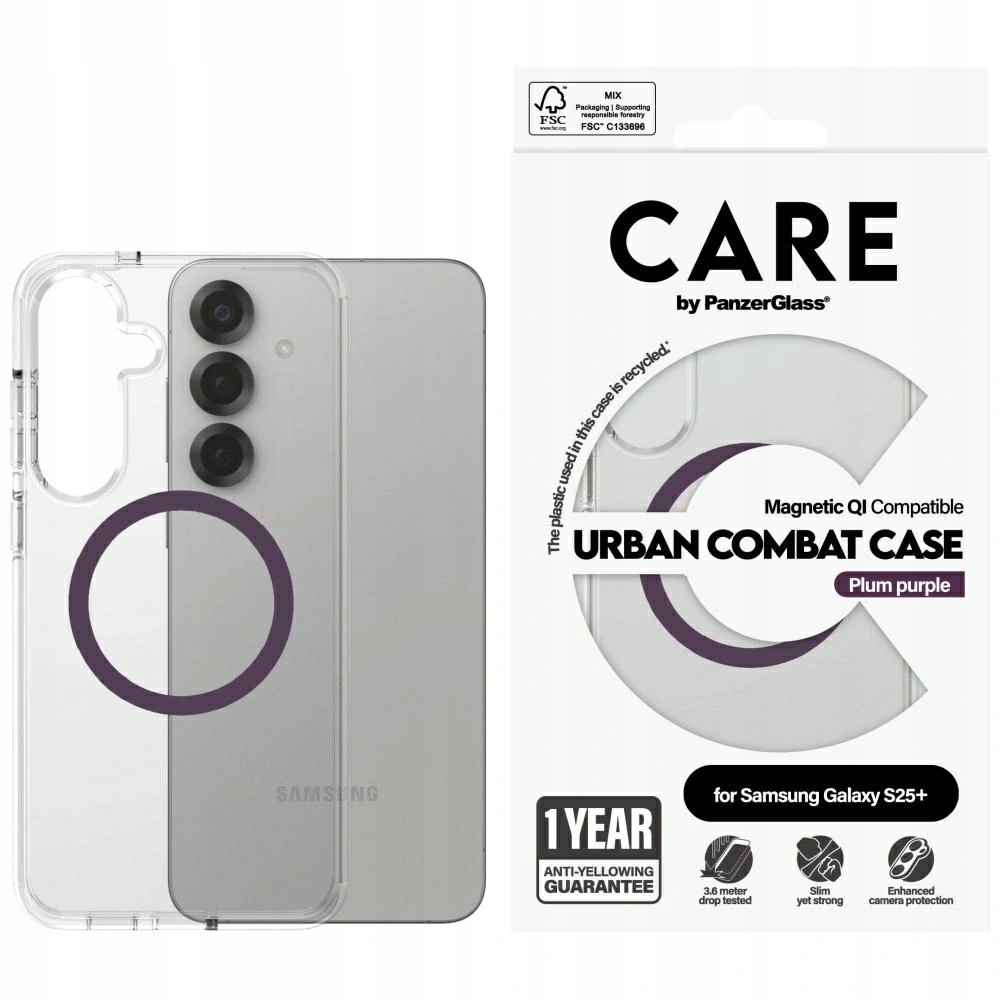 Pouzdro Care by PanzerGlass Combat Purple Qi pro Galaxy S25+ Plus, průhledný