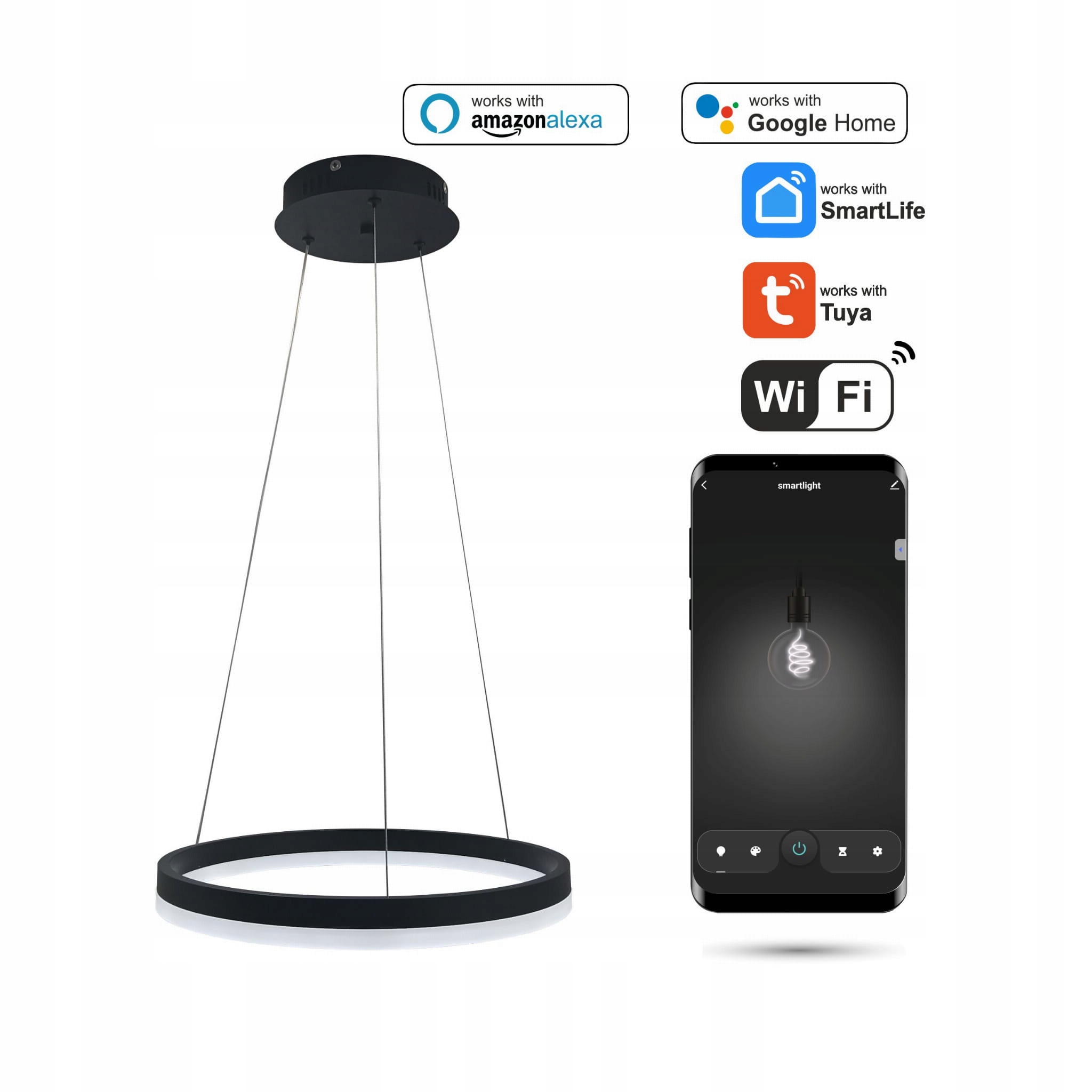 Okrúhla WiFi lampa Tuya 40 cm Led čierna závesná Ring Circle