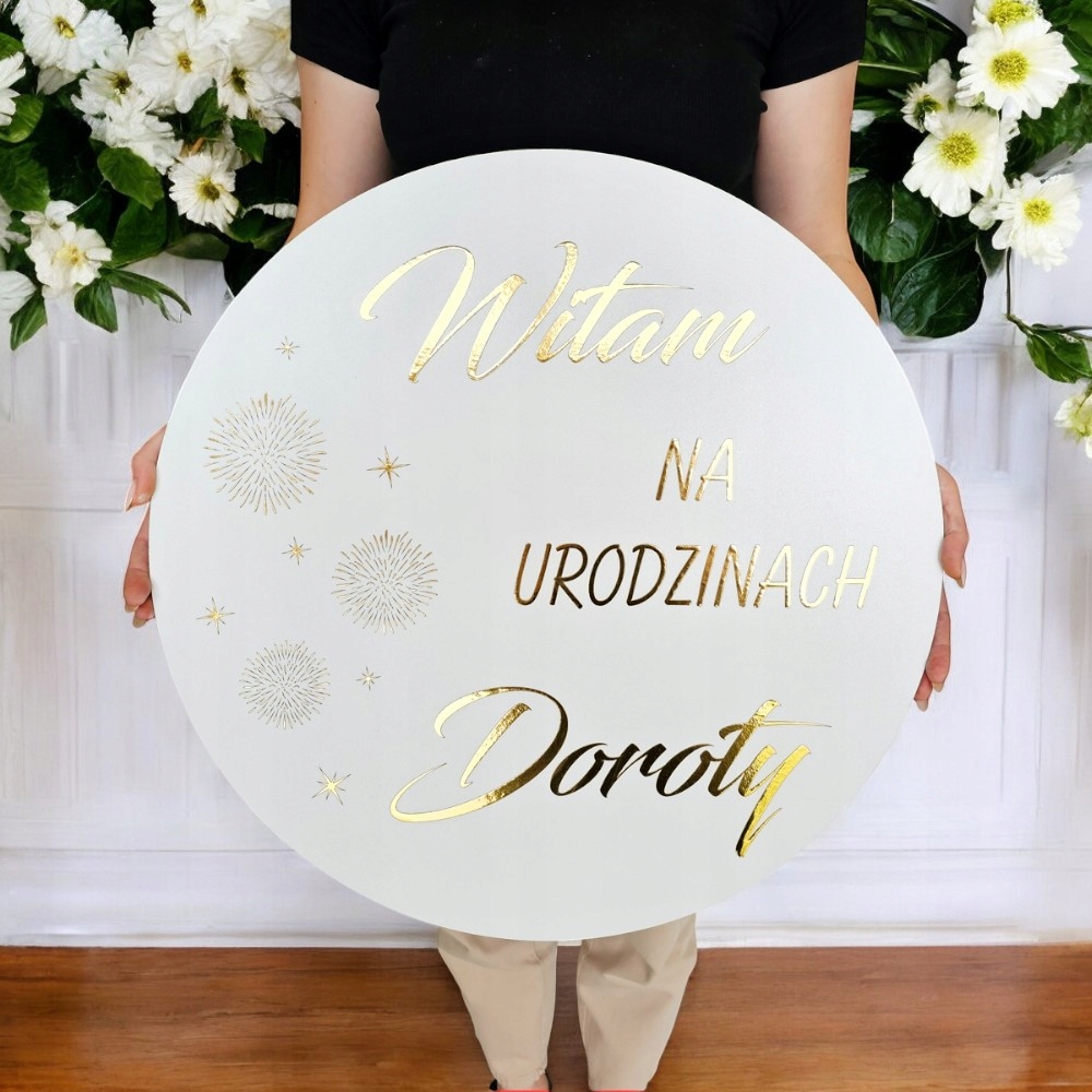 Dekorativní kulatá uvítací tabule k narozeninám, zlaté nápisy