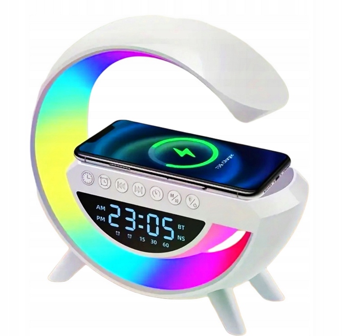 Inteligentna lampa LED RGB z ładowarka QI głośnik budzik zegar radio 7 kolo