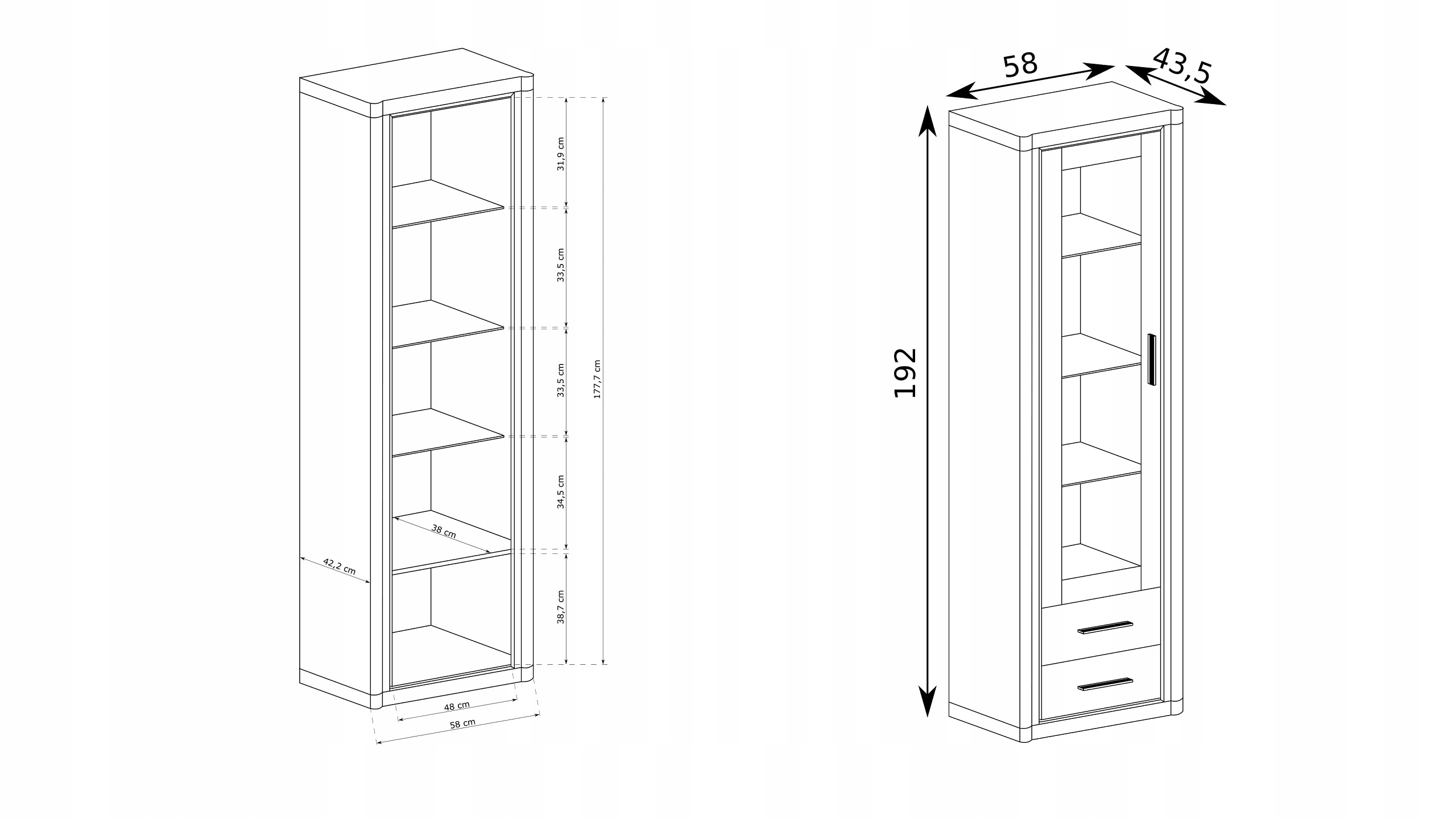Wysoka wąska witryna słupek do salonu Wysokość mebla 192 cm