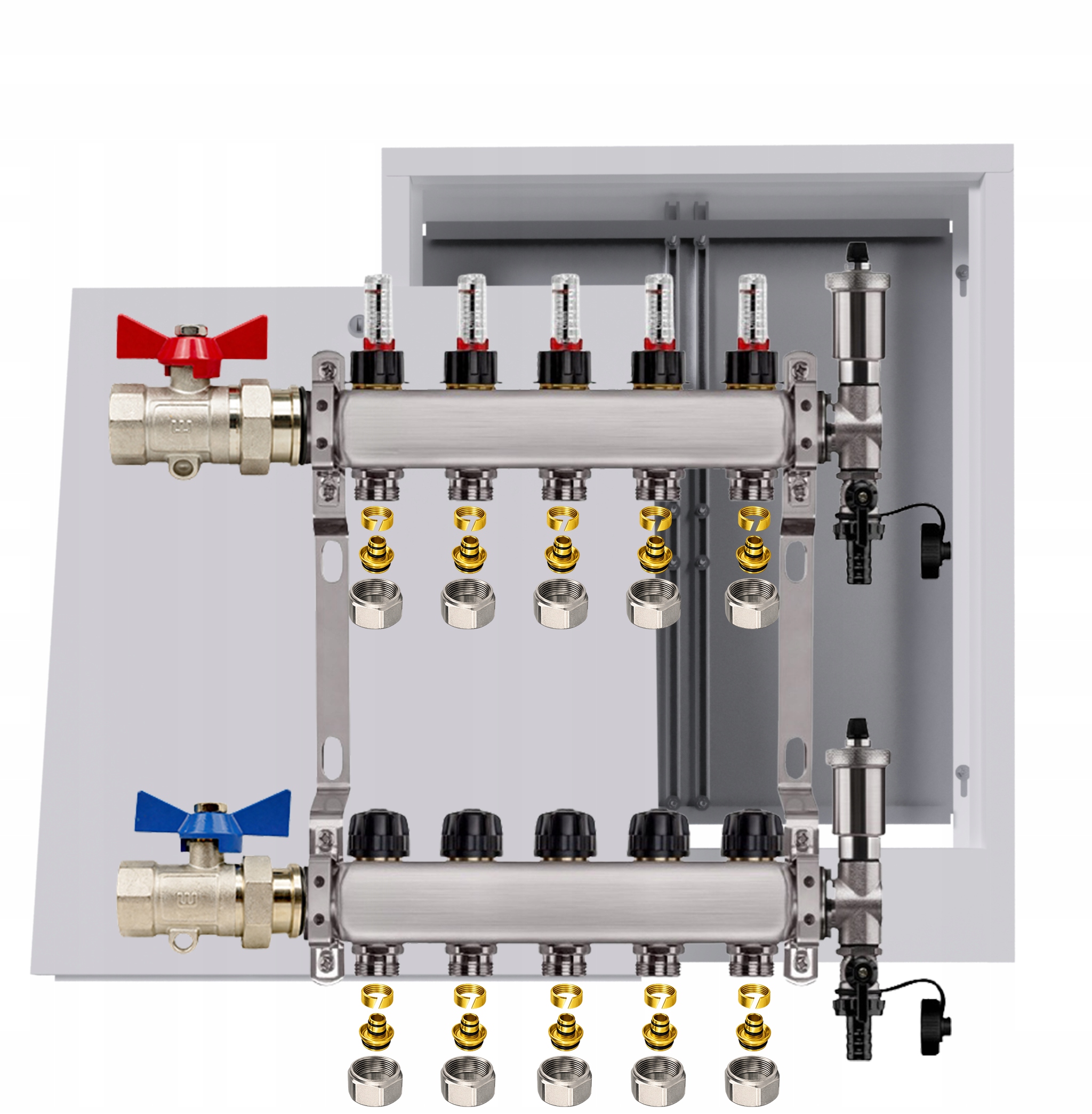 Nerezový rozdělovač pro podlahu 5 okruhů nástěnná skříňka Pex