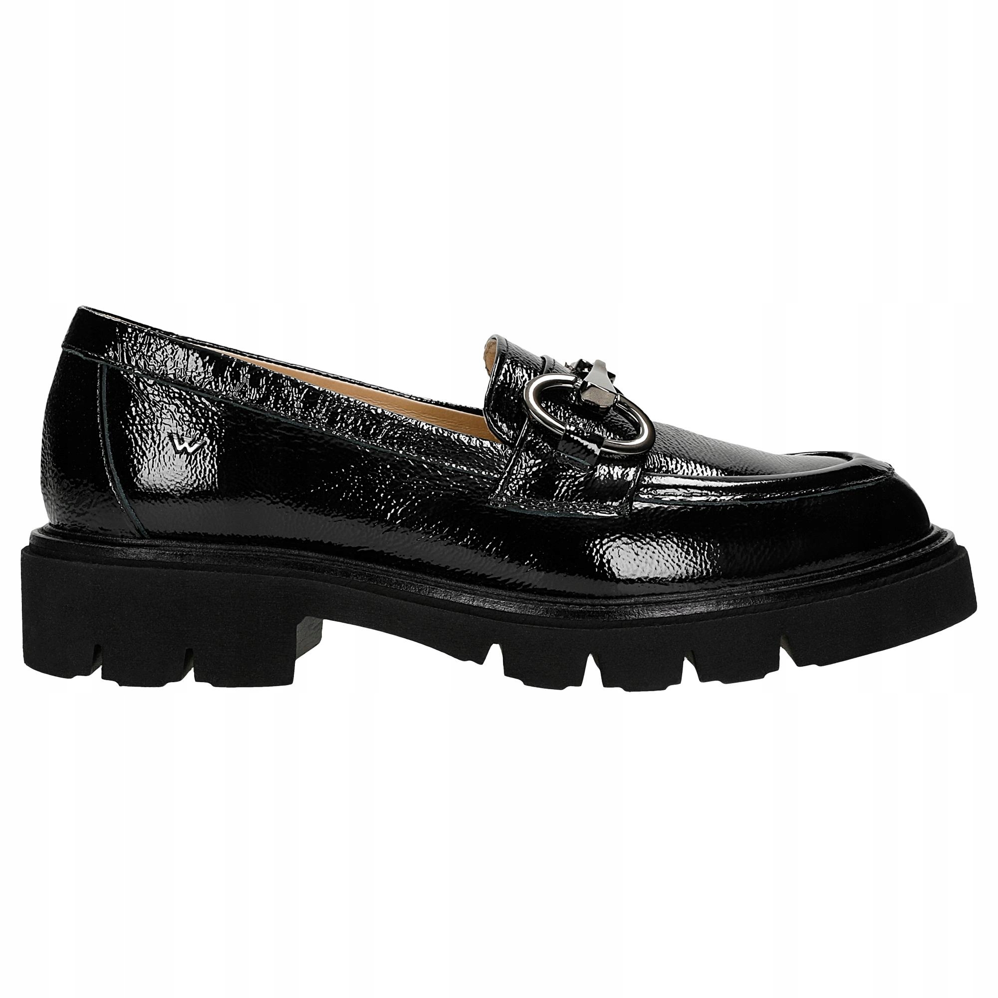 Dámské polobotky Wojas, černé lakované mokasíny na masivním podpatku, velikost vel.