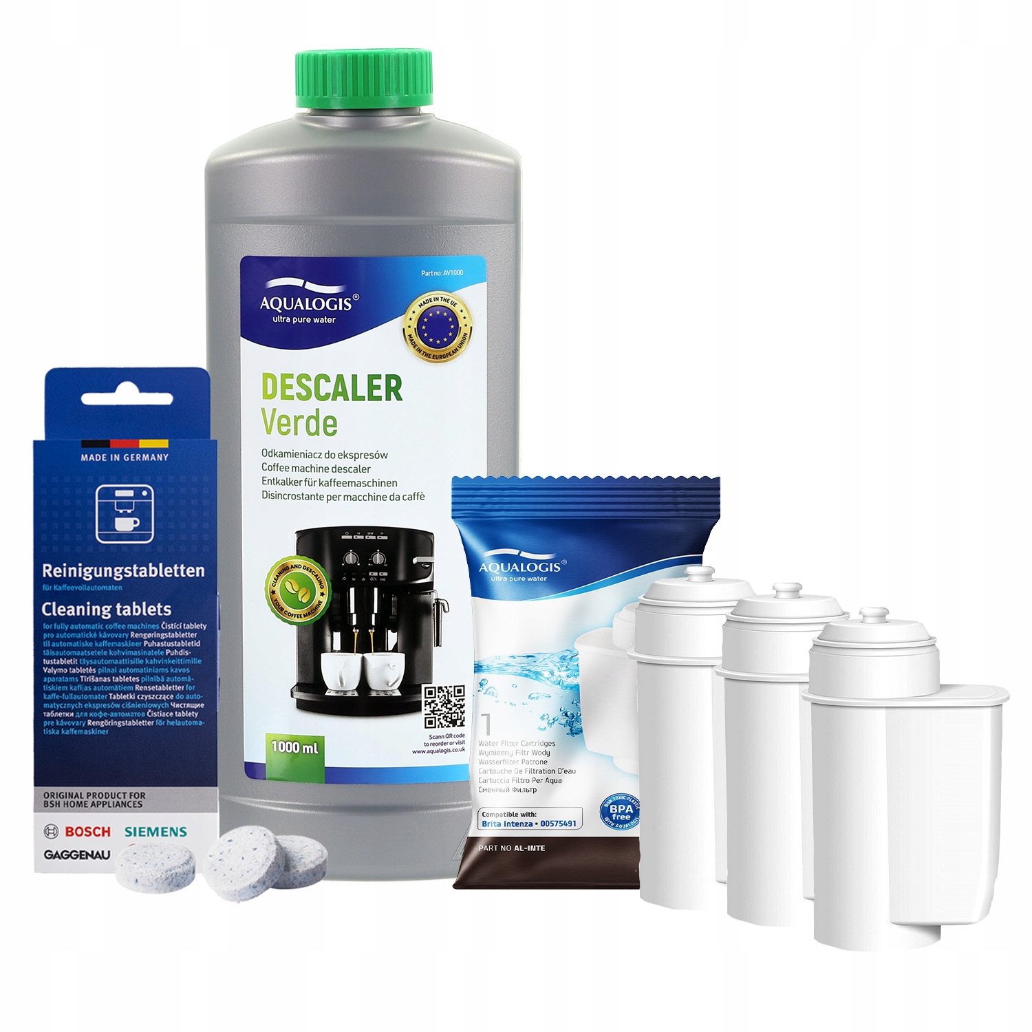 3x AL-Inte filtr pro kávovar Bosch čisticí tablety kapalina Verde 1 l